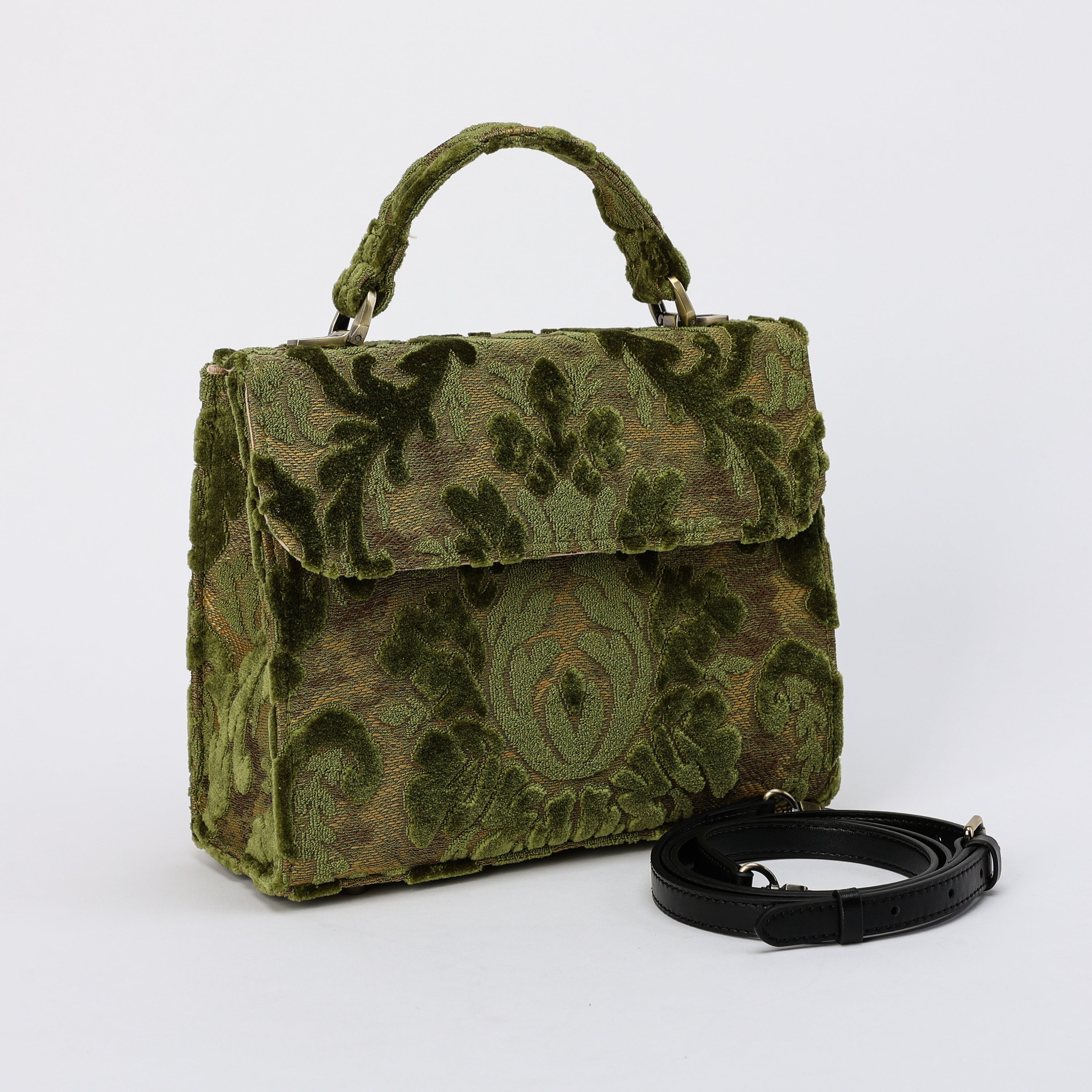 Burnout Velvet Fern Green Flap Satchel Carpetbag of America front side