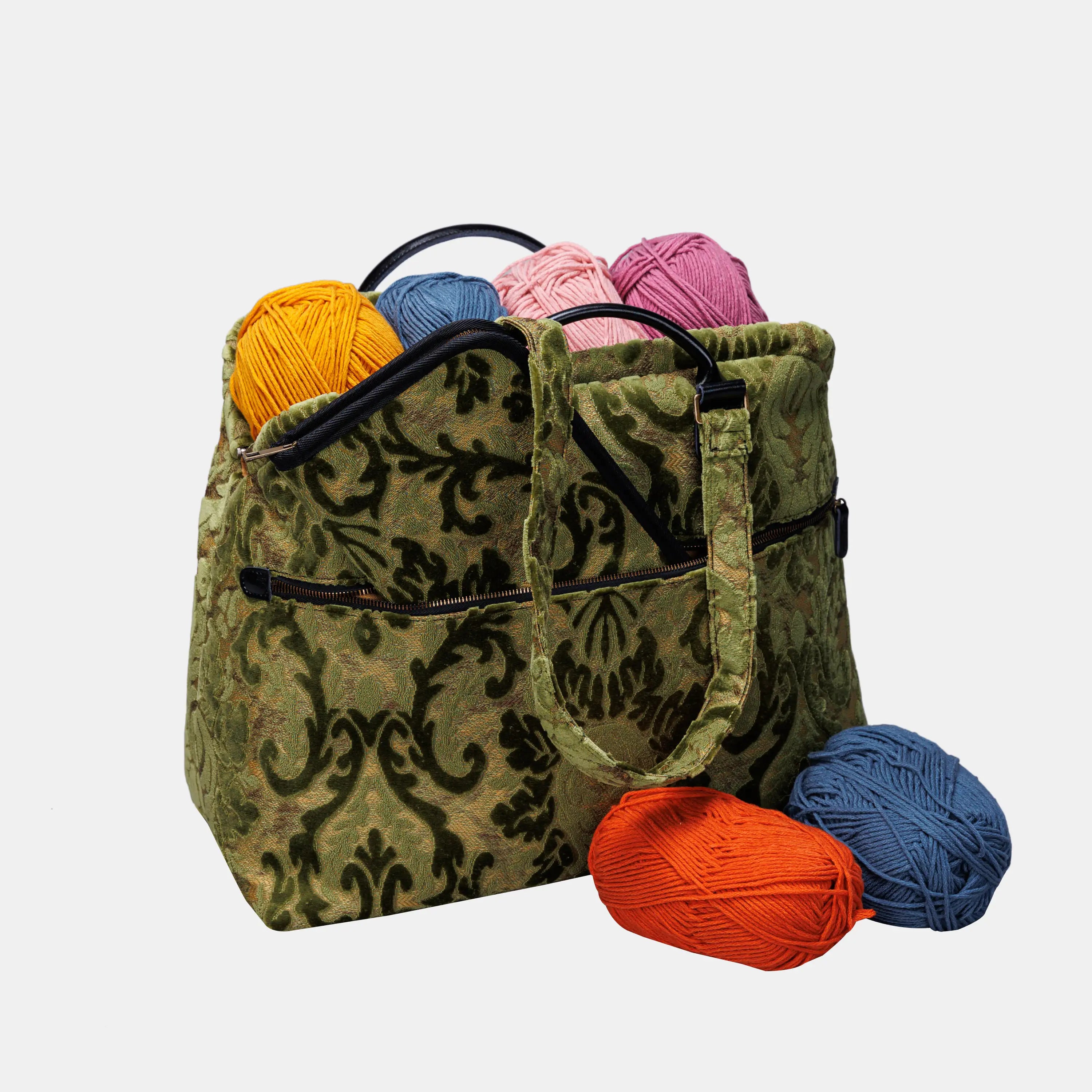 Burnout Velvet Fern Green Knitting Project Bag of America-with needle case