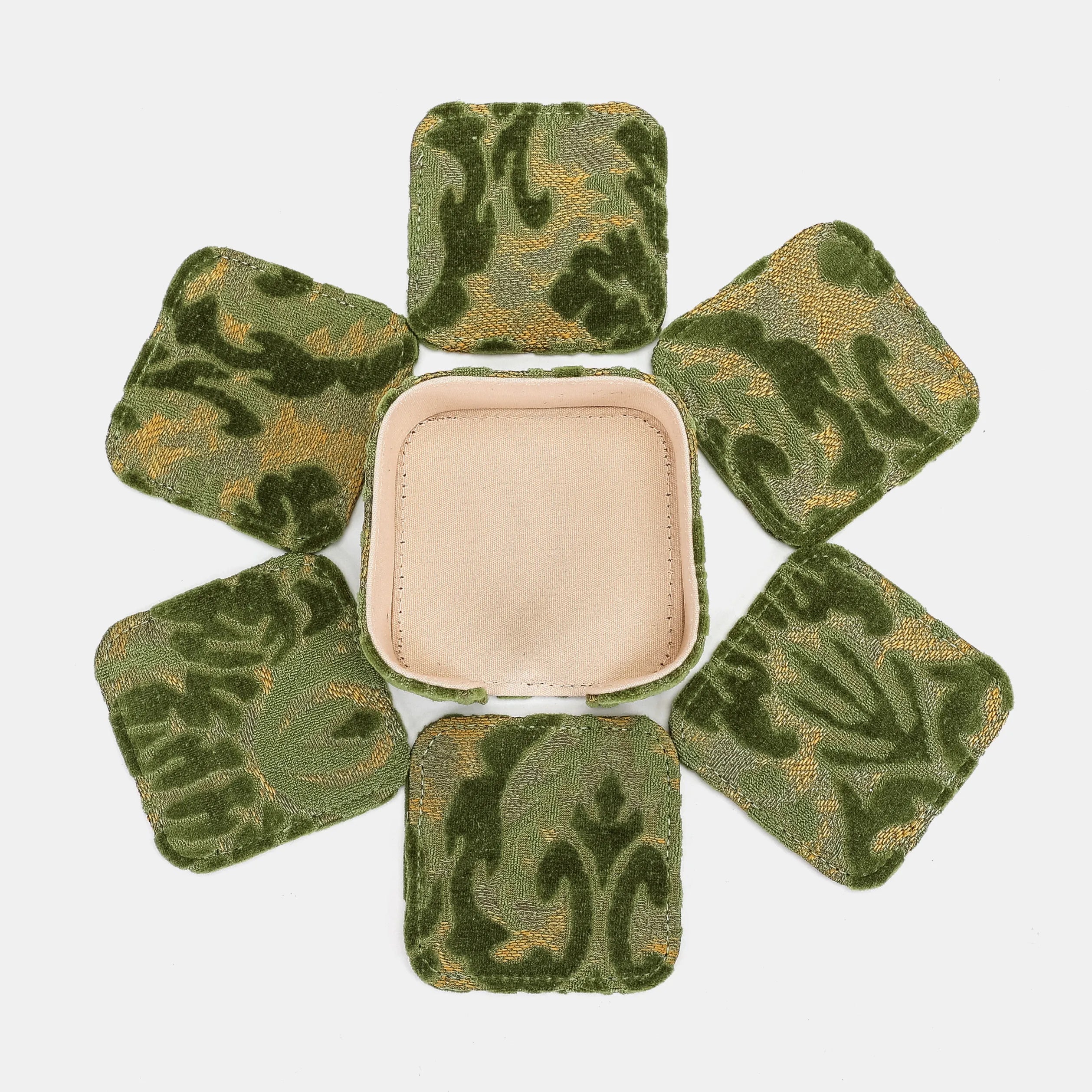Burnout Velvet Fern Green Square Coaster Set with holder of America 6 pcs set
