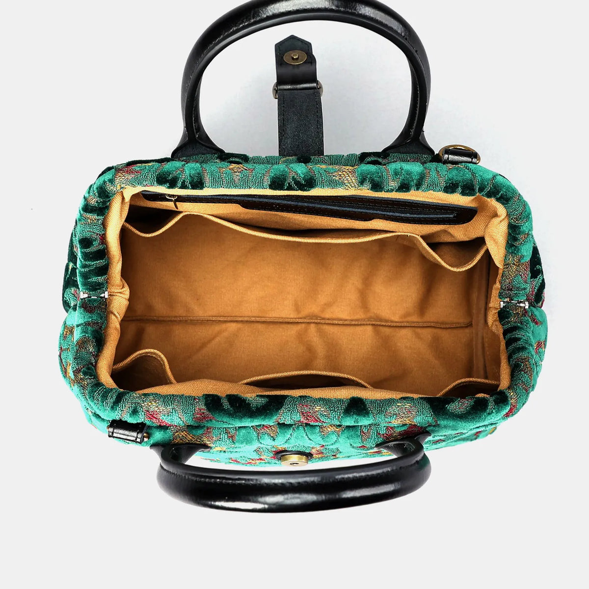 Burnout Velvet Jade Green Carpet Handbag Purse of America open