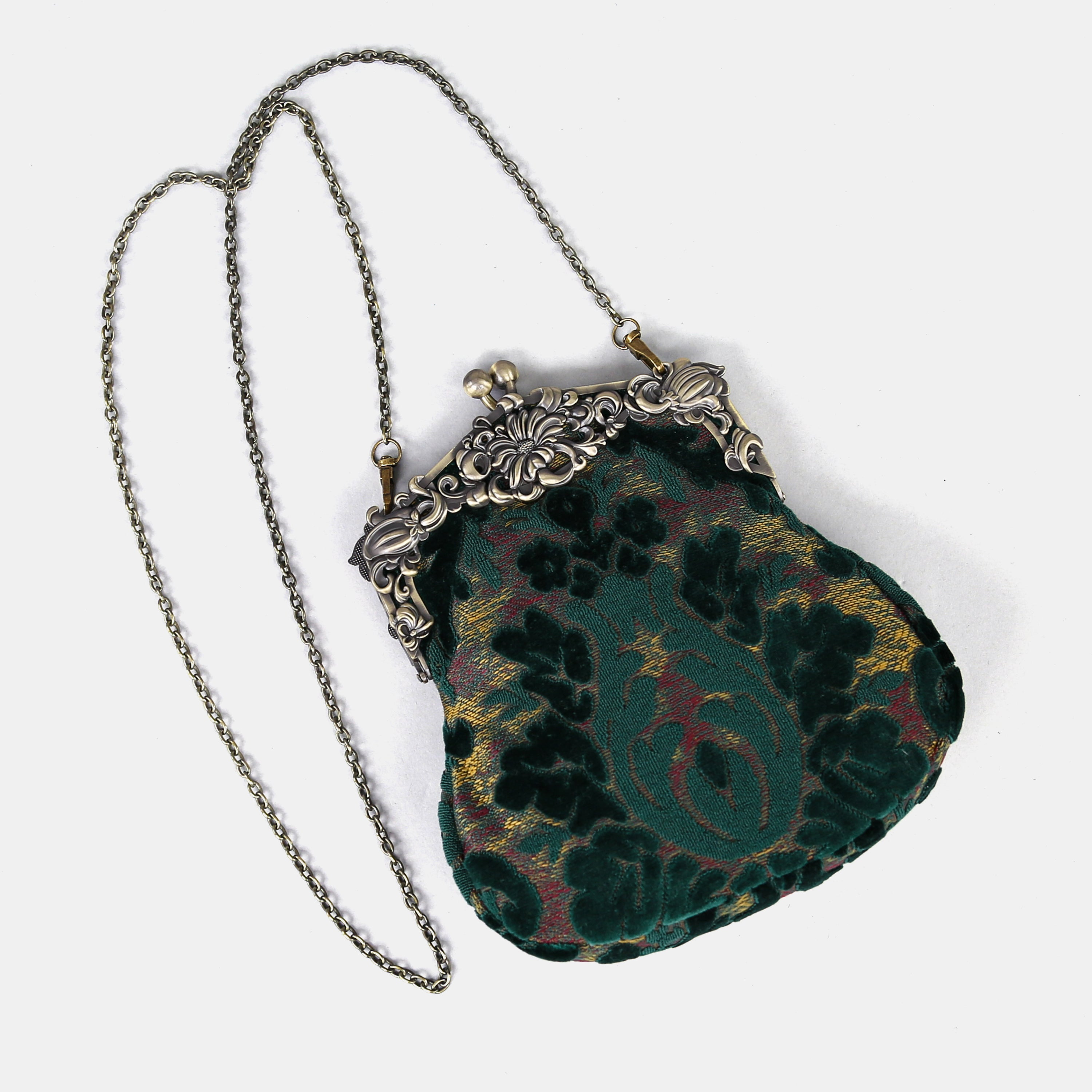 Burnout Velvet Jade Green Chatelaine Purse Large carpet bag of America with long chain