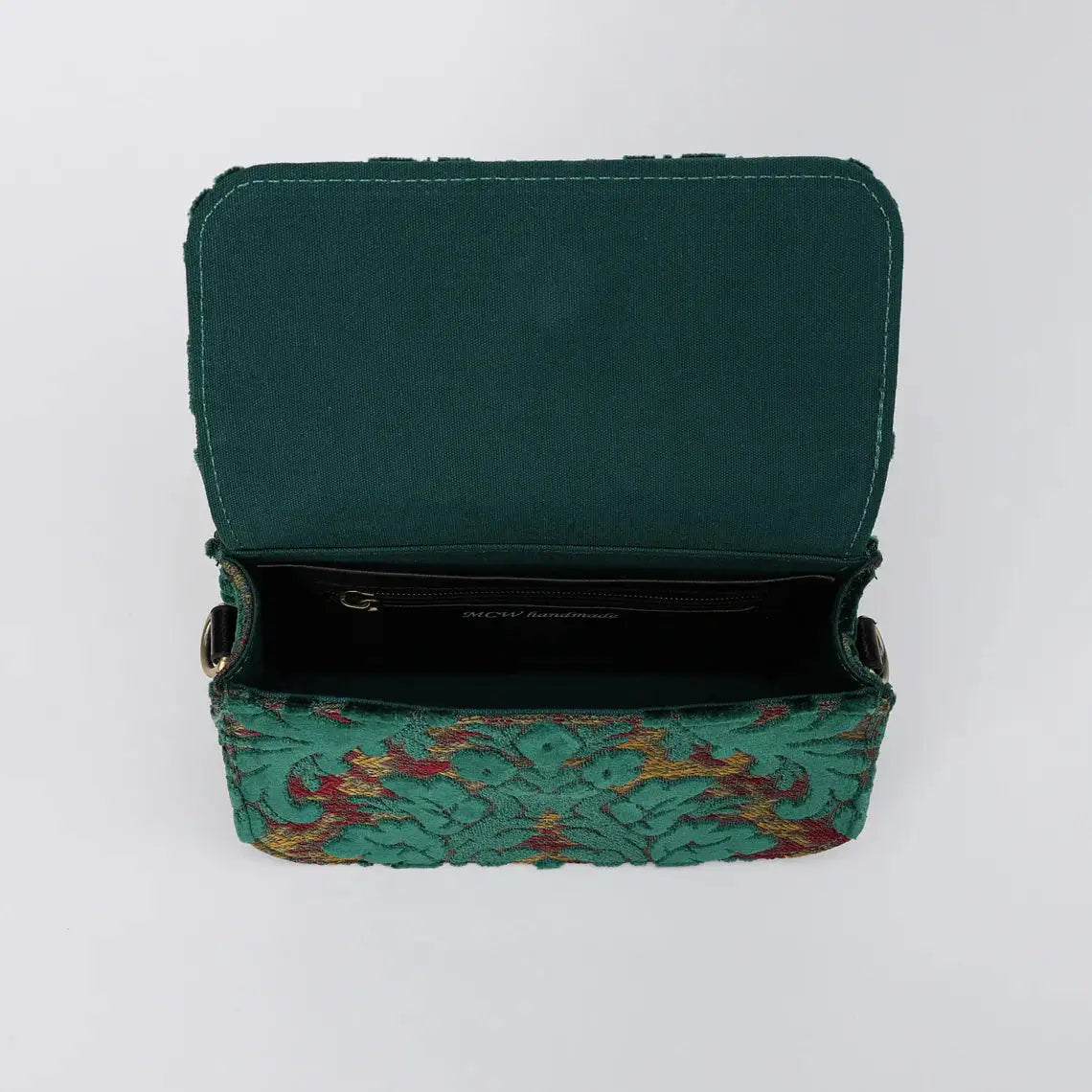 Burnout Velvet Jade Green Flap Crossbody Bag carpet bag of America opening