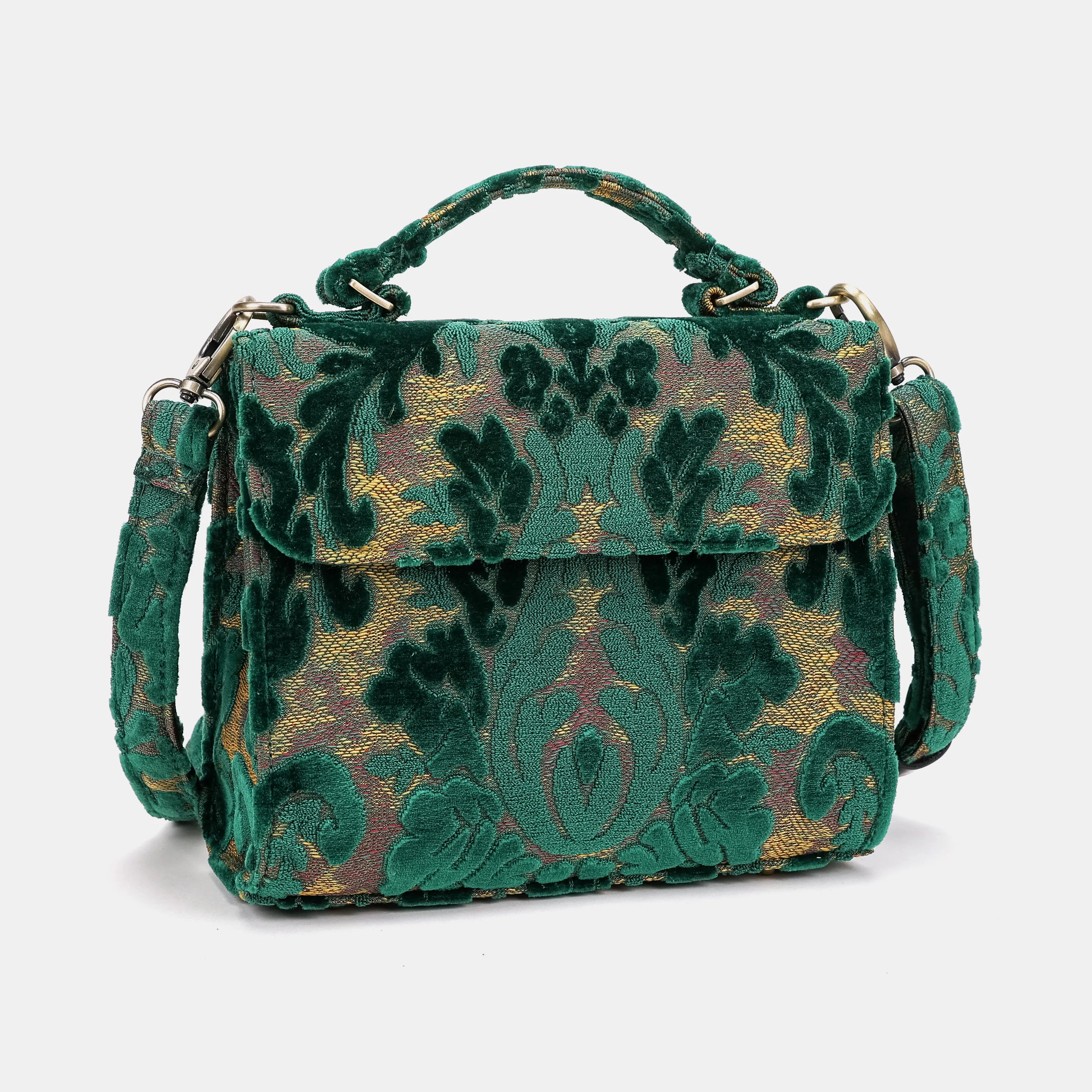 Burnout Velvet Jade Green Flap Satchel Carpetbag of America overview