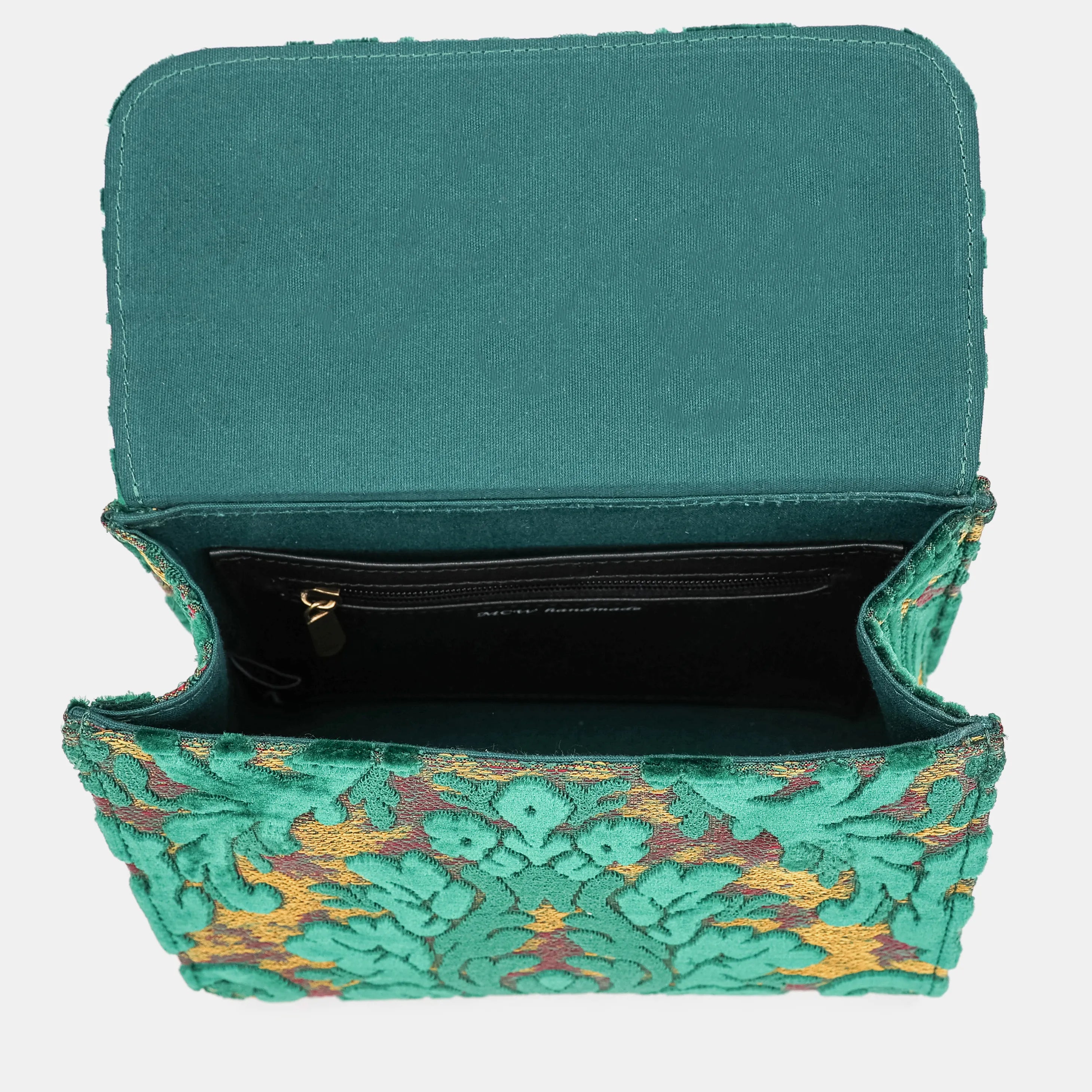 Burnout Velvet Jade Green Flap Satchel Carpetbag of America inside