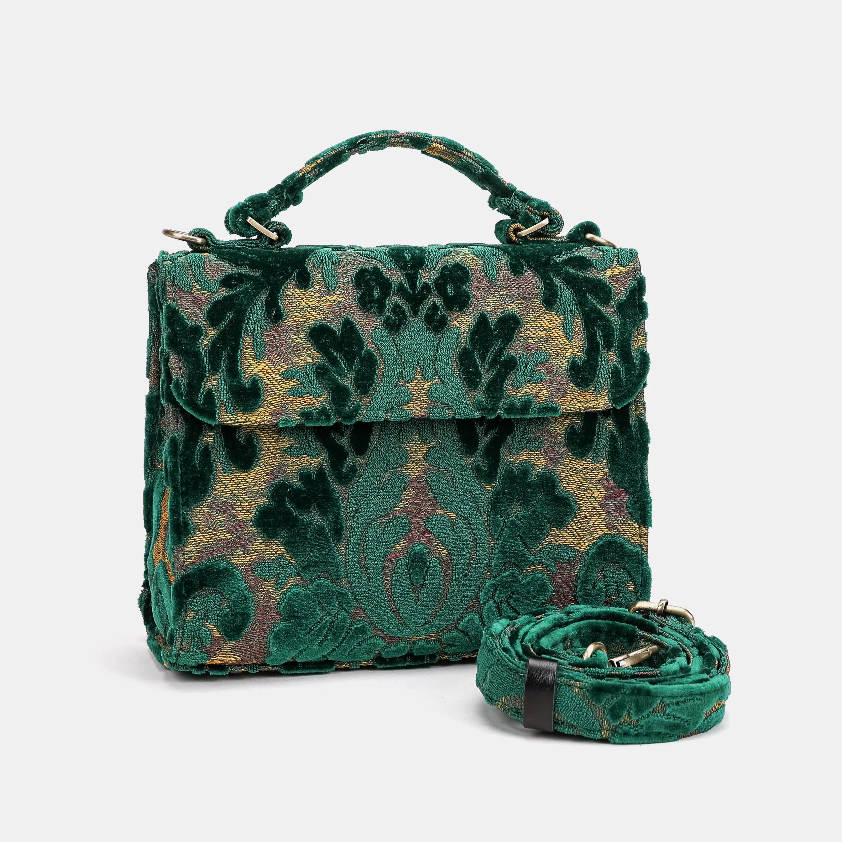 Burnout Velvet Jade Green Flap Satchel Carpetbag of America with shoulder strap