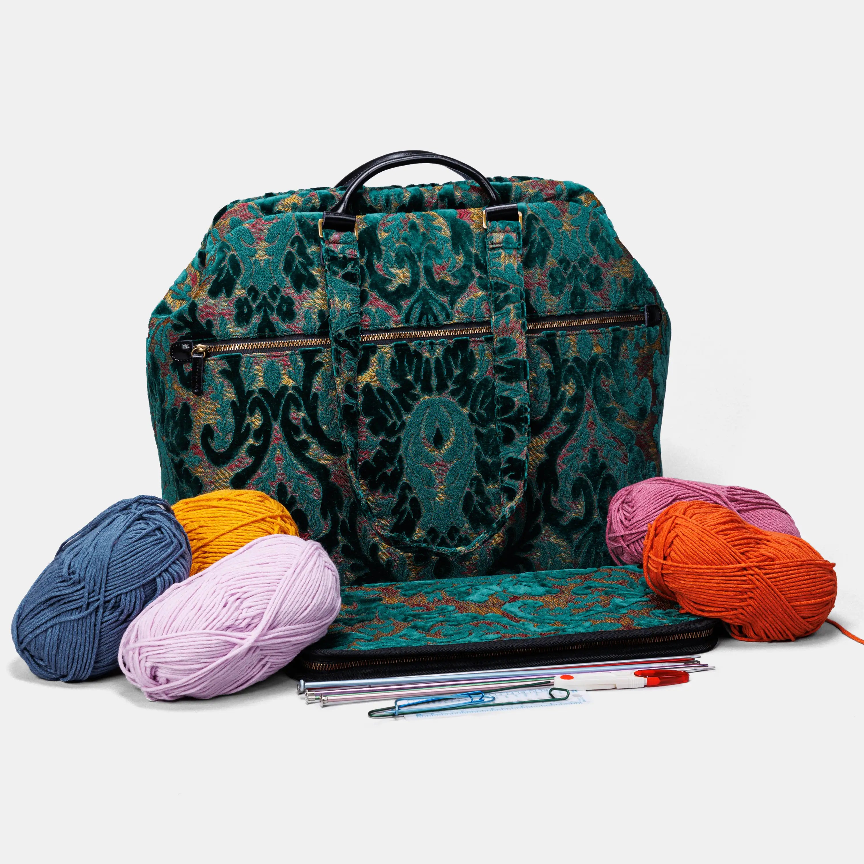 Burnout Velvet Jade Green Knitting Project Bag of America-with needle case
