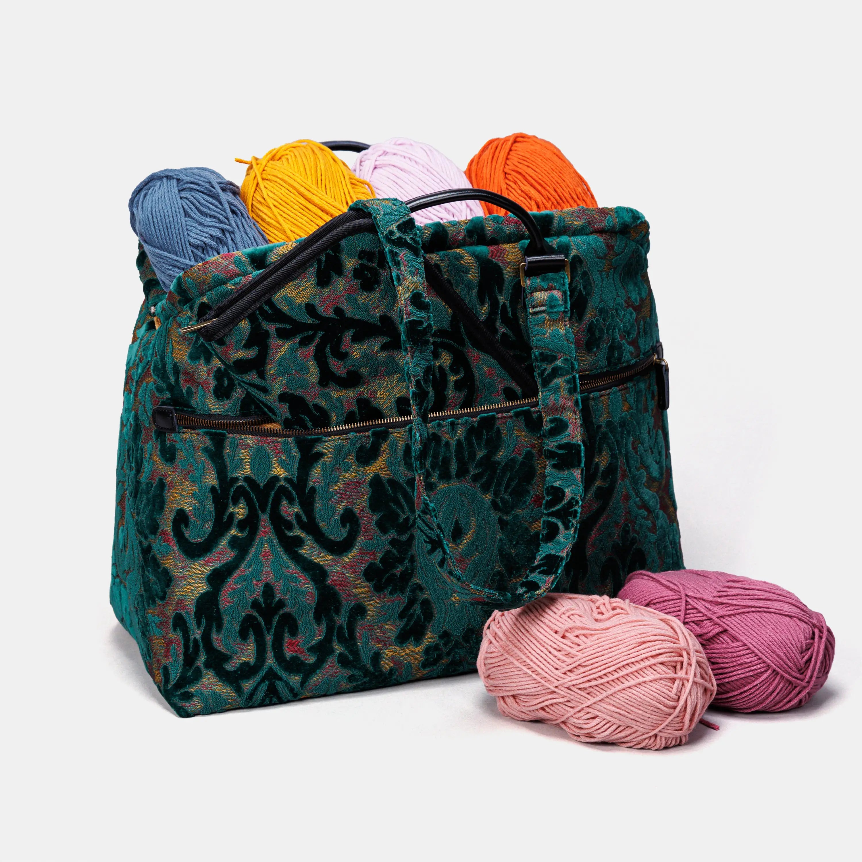 Burnout Velvet Jade Green Knitting Project Bag of America-with needle case