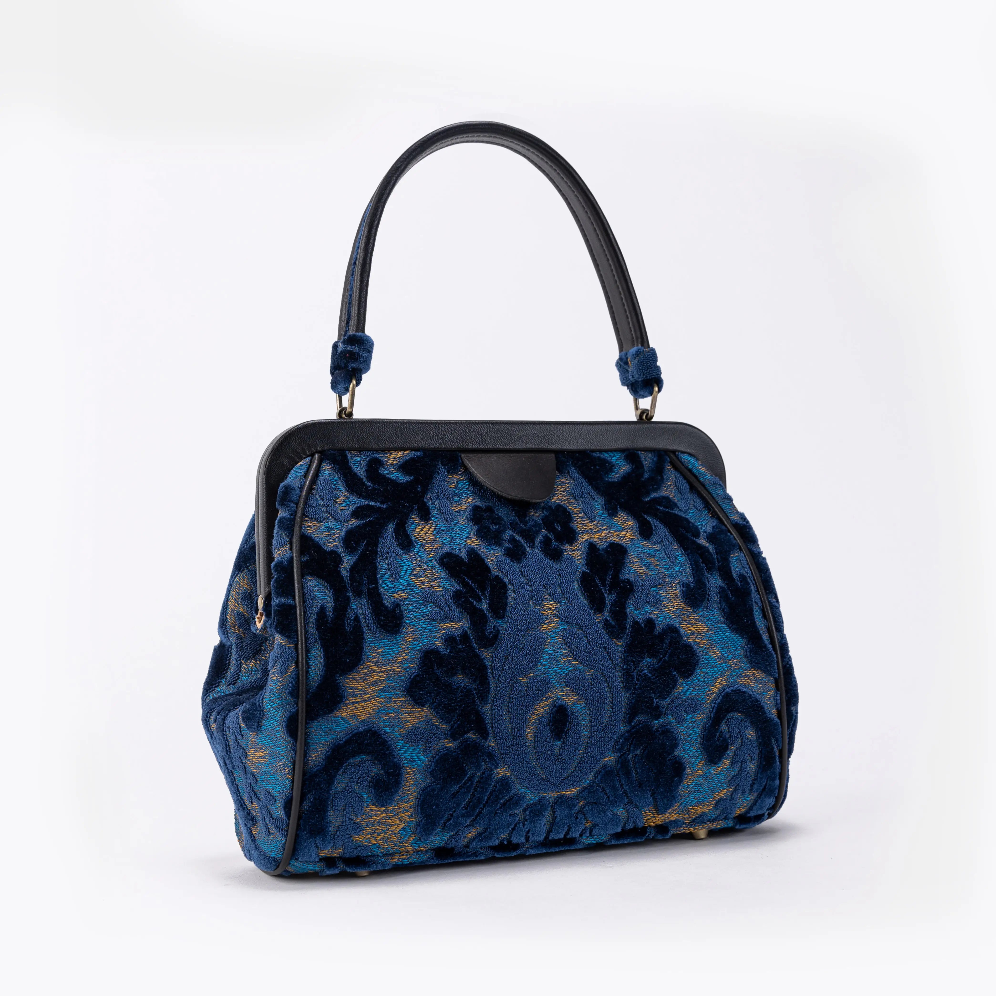 Burnout Velvet Navy Alma Satchel Carpet Bag front side