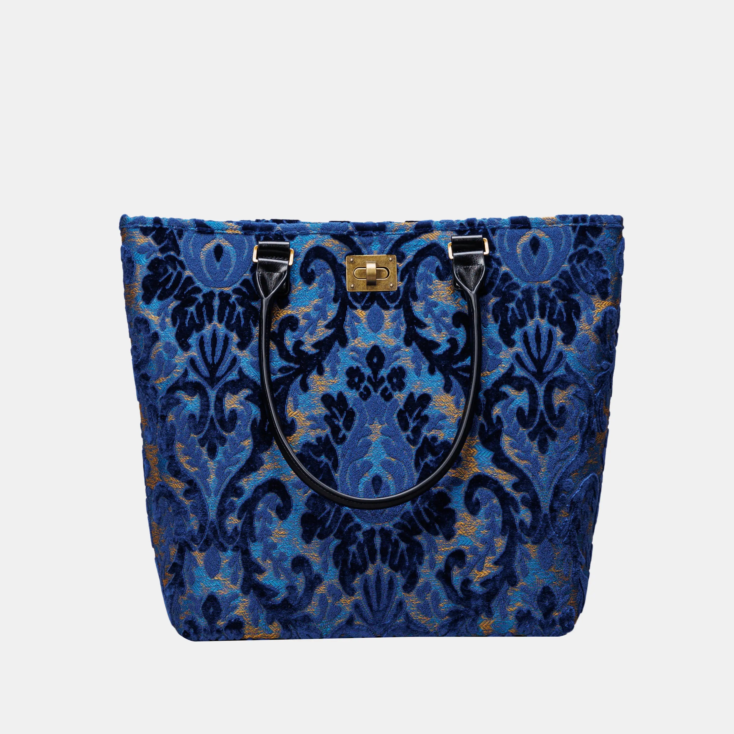 Burnout Velvet Navy Carpet Tote Shopper carpet bag of America handle down