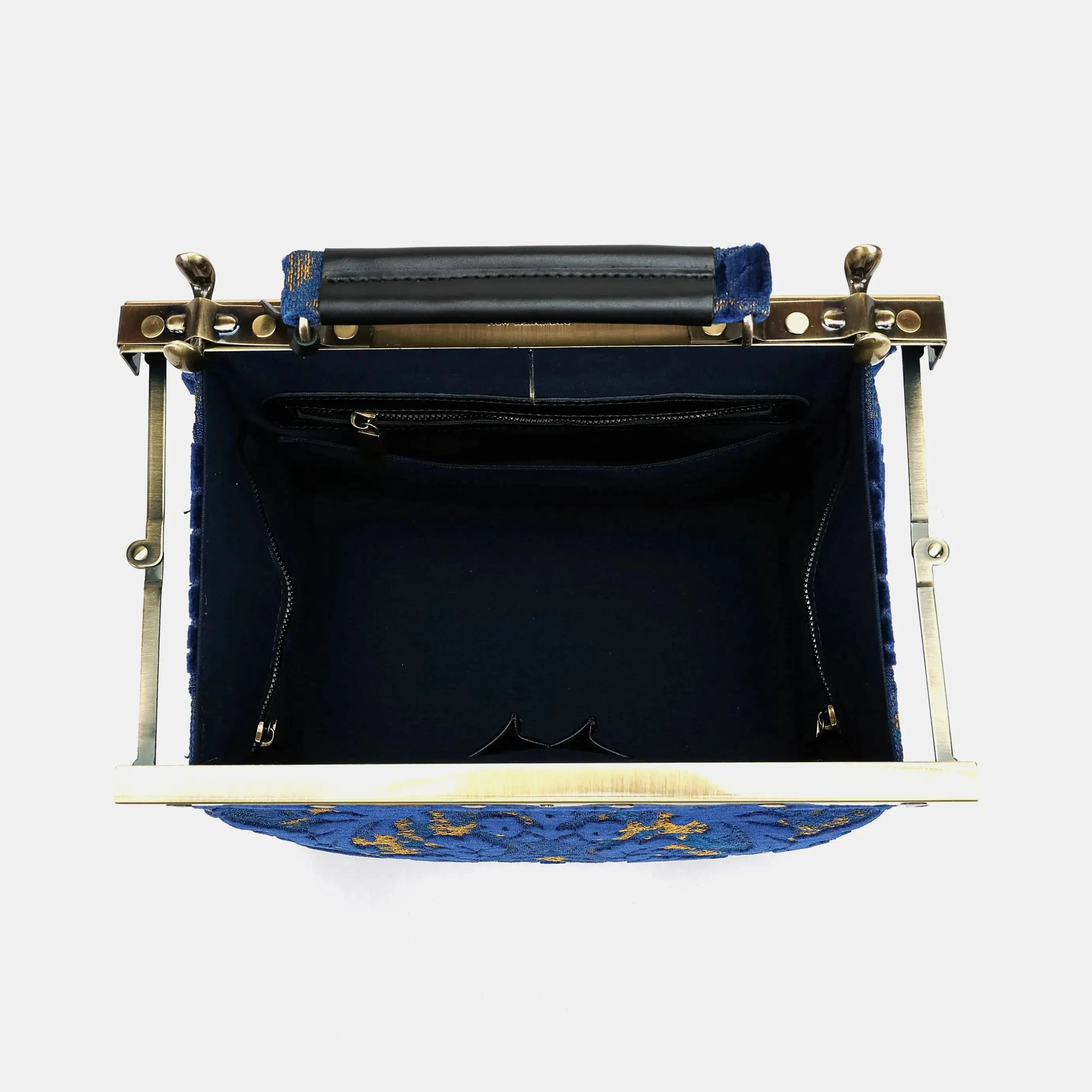 Burnout velvet Navy Cecile Carpet Purse Gladstone Bag of America inside