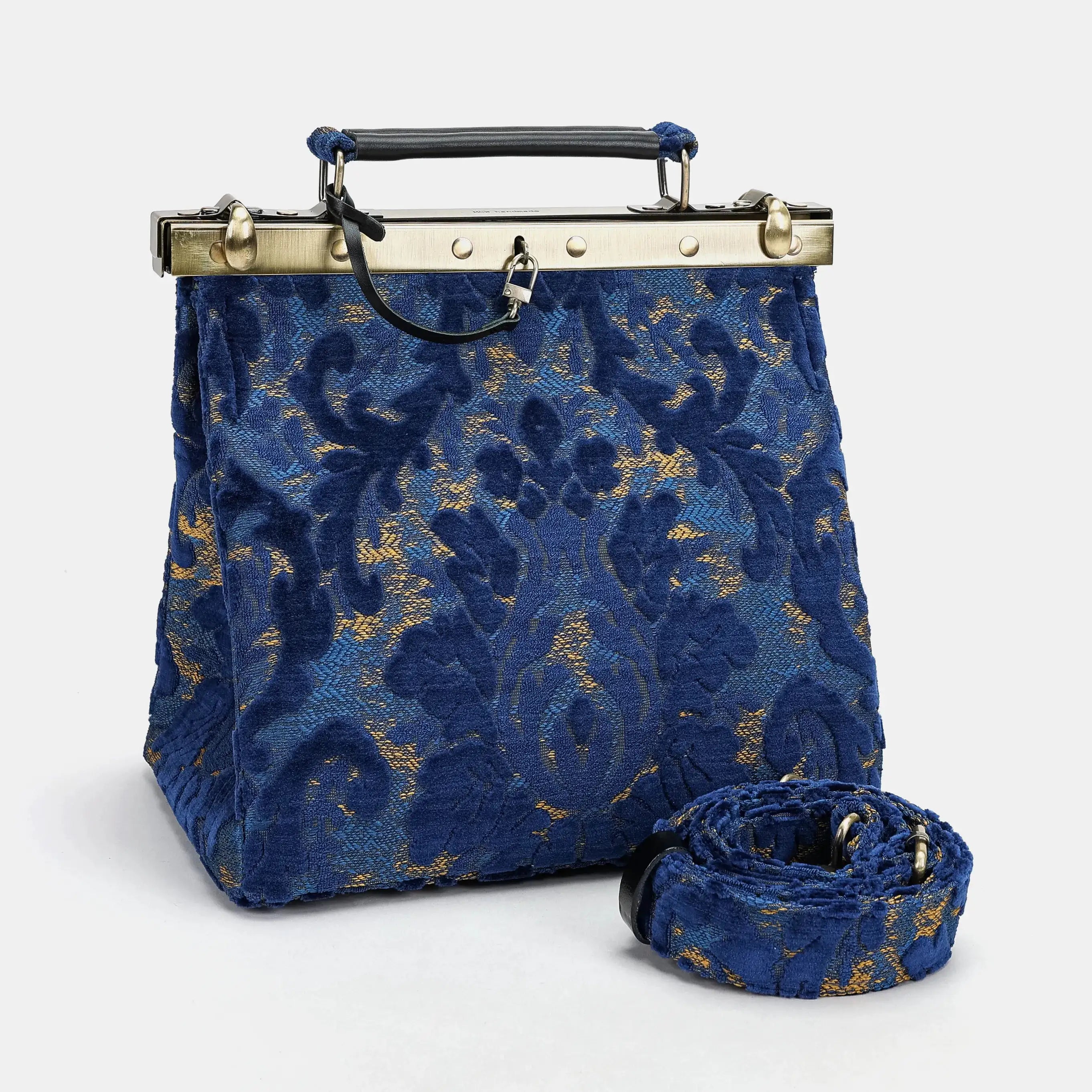 Burnout velvet Navy Cecile Carpet Purse Gladstone Bag of America with shoulder strap