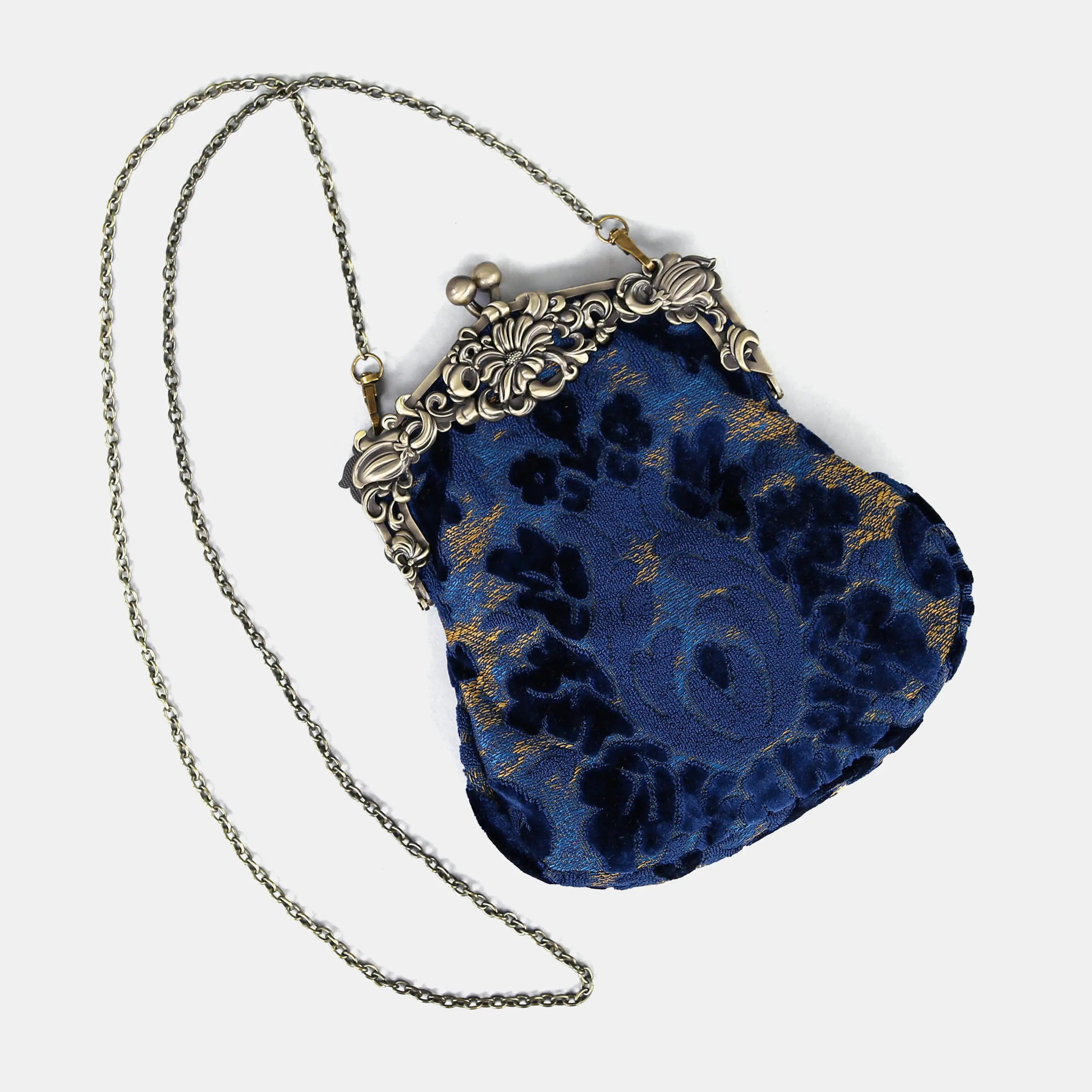Burnout Velvet Navy Chatelaine Purse Large carpet bag of America with long chain