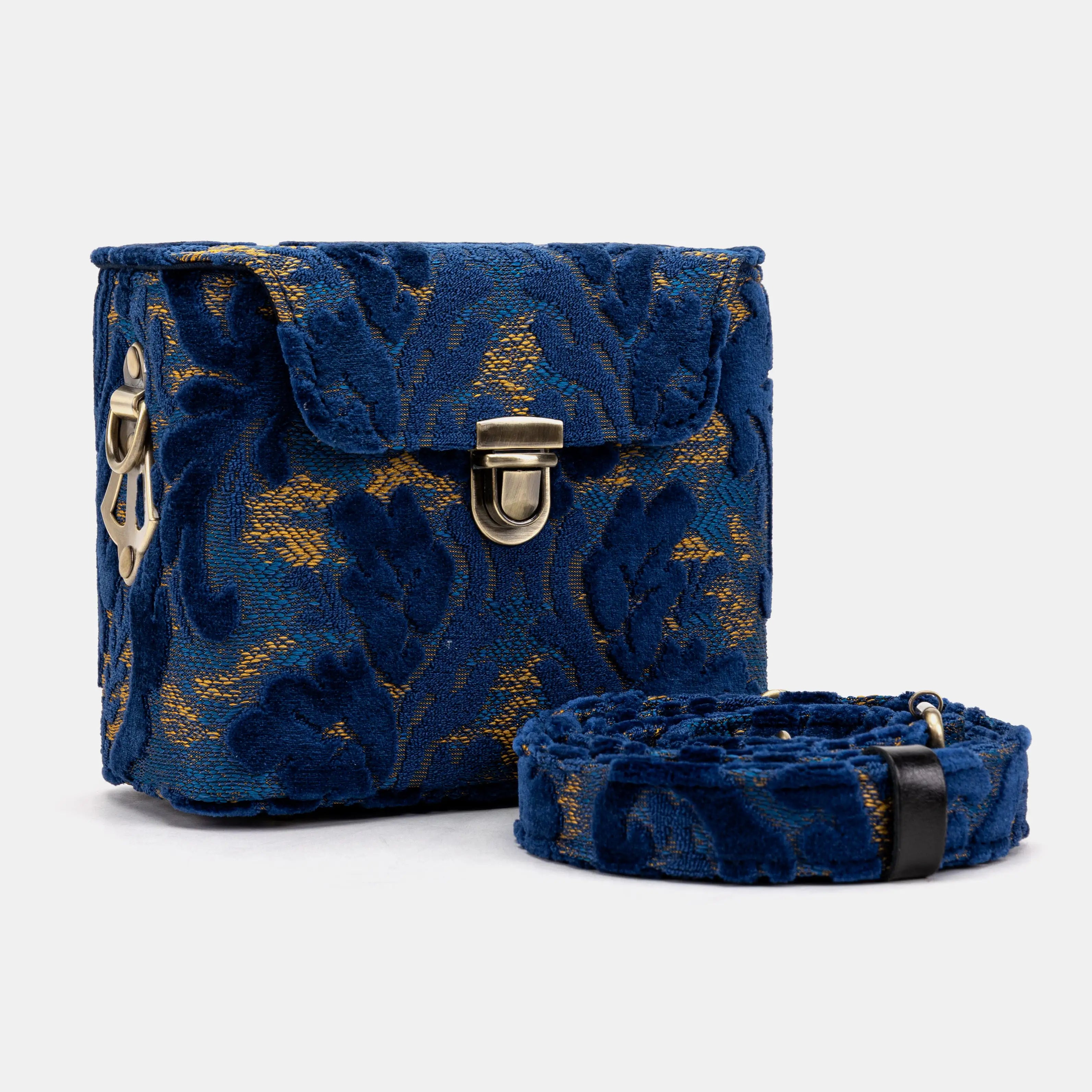 Burnout Velvet Navy Emma Small Train Case Crossbody of America with shoulder strap