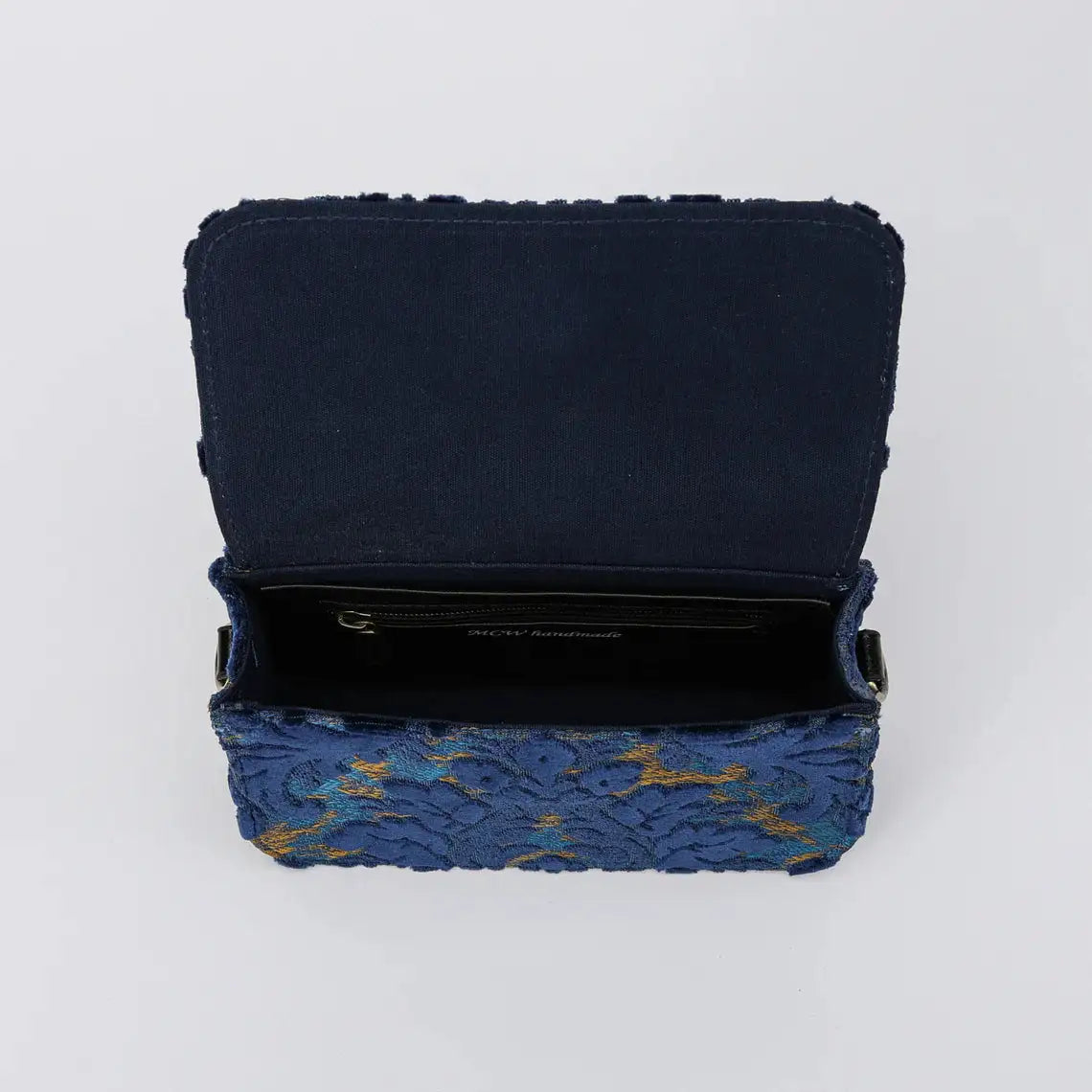 Burnout Velvet Navy Flap Crossbody Bag carpet bag of America inside