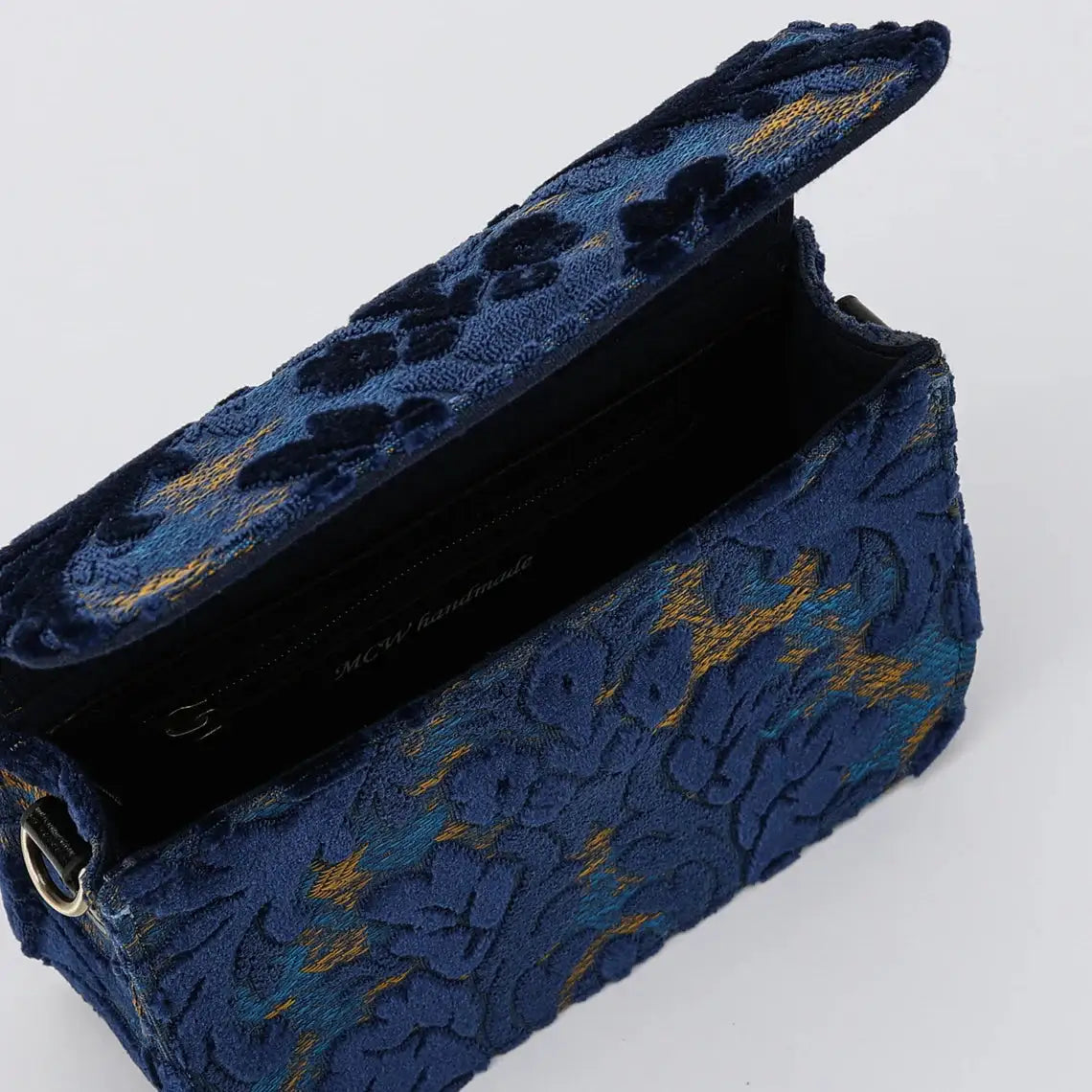 Burnout Velvet Navy Flap Crossbody Bag carpet bag of America opening