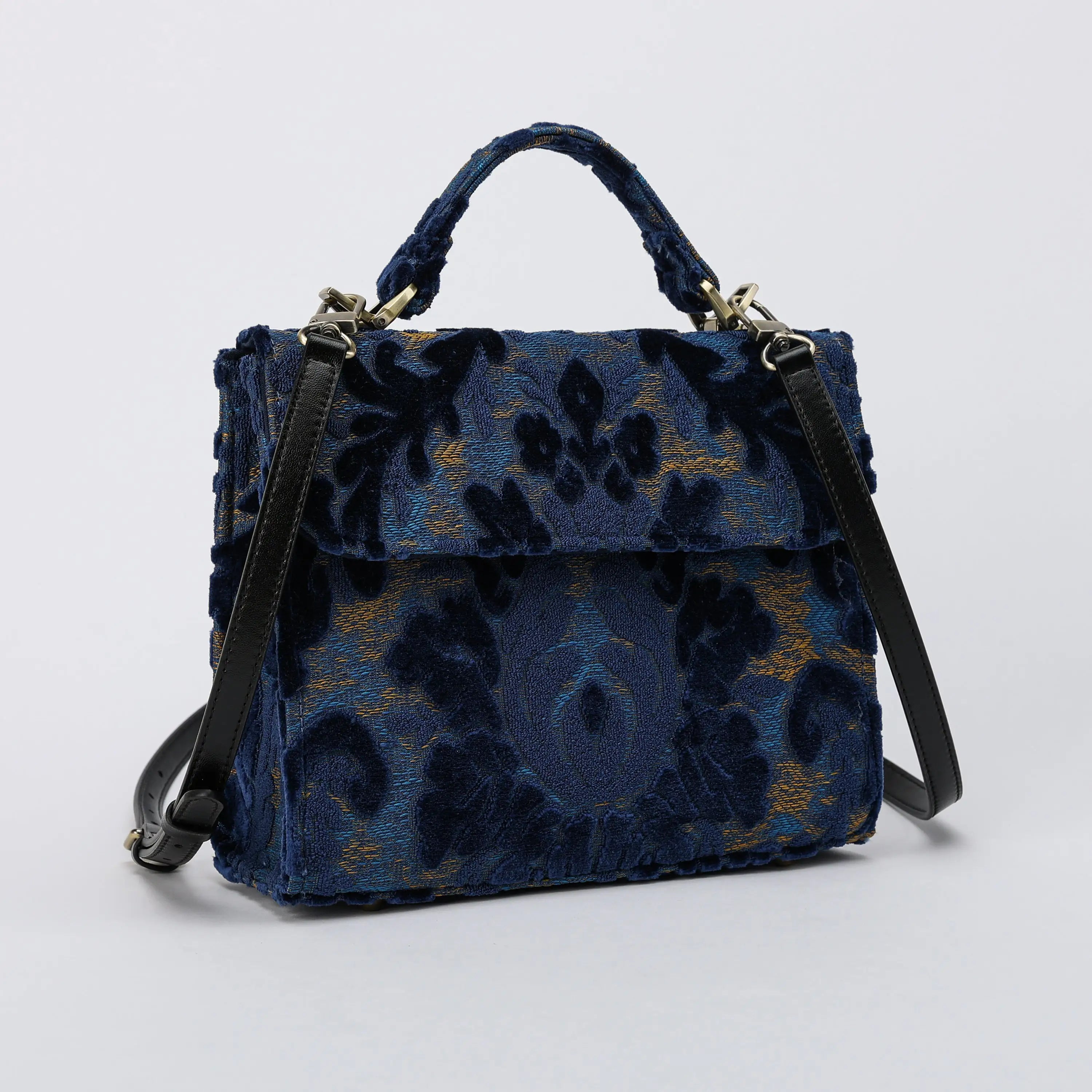 Burnout Velvet Navy Flap Satchel Carpetbag of America with shoulder strap