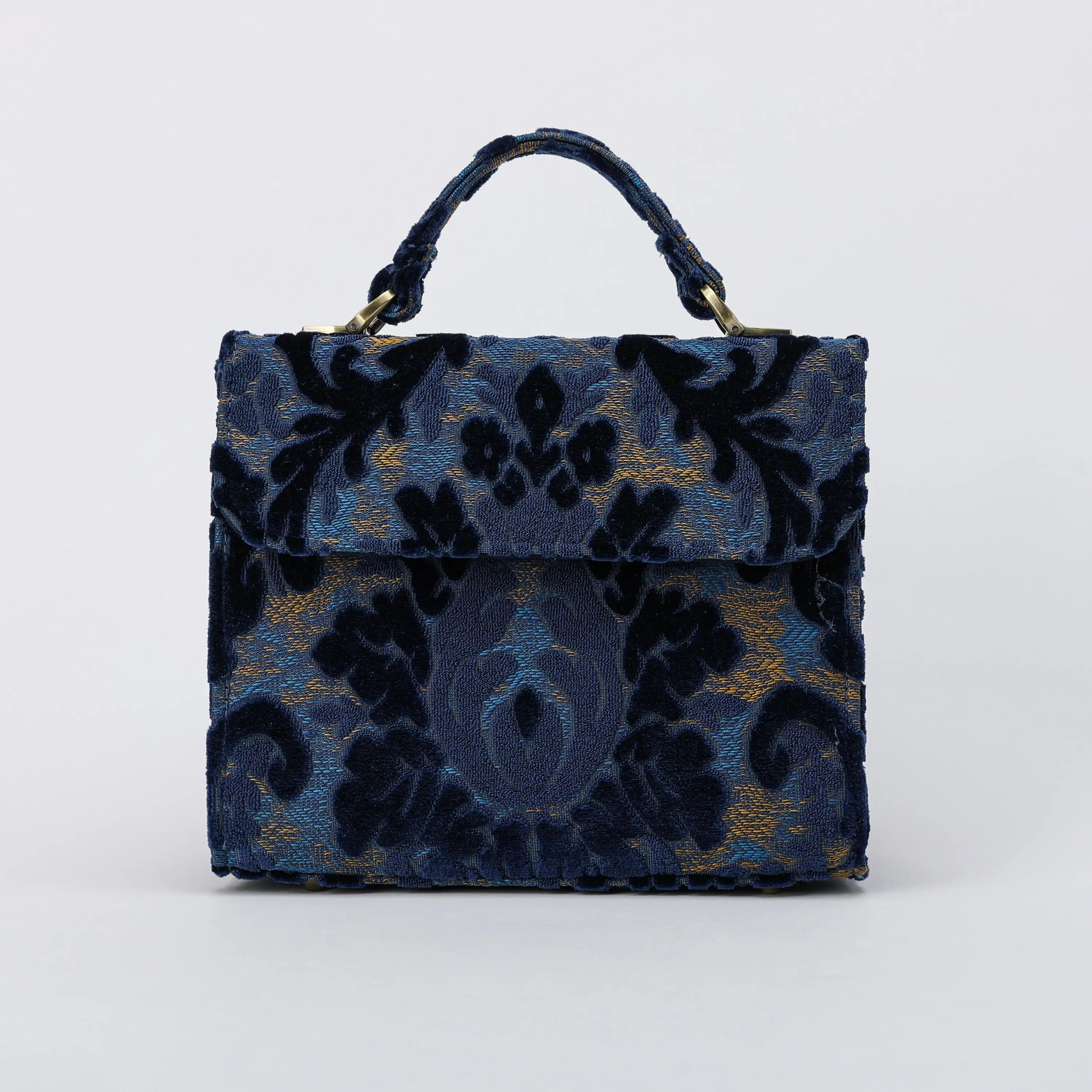 Burnout Velvet Navy Flap Satchel Carpetbag of America main