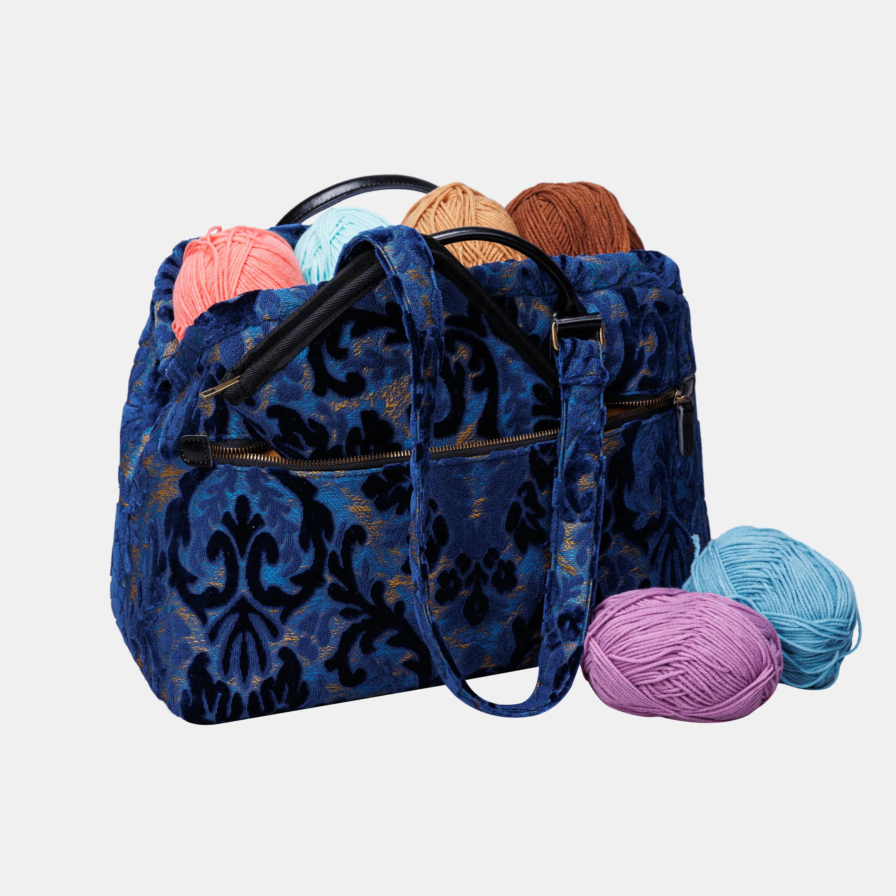 Burnout Velvet Navy Knitting Project Bag of America-with needle case