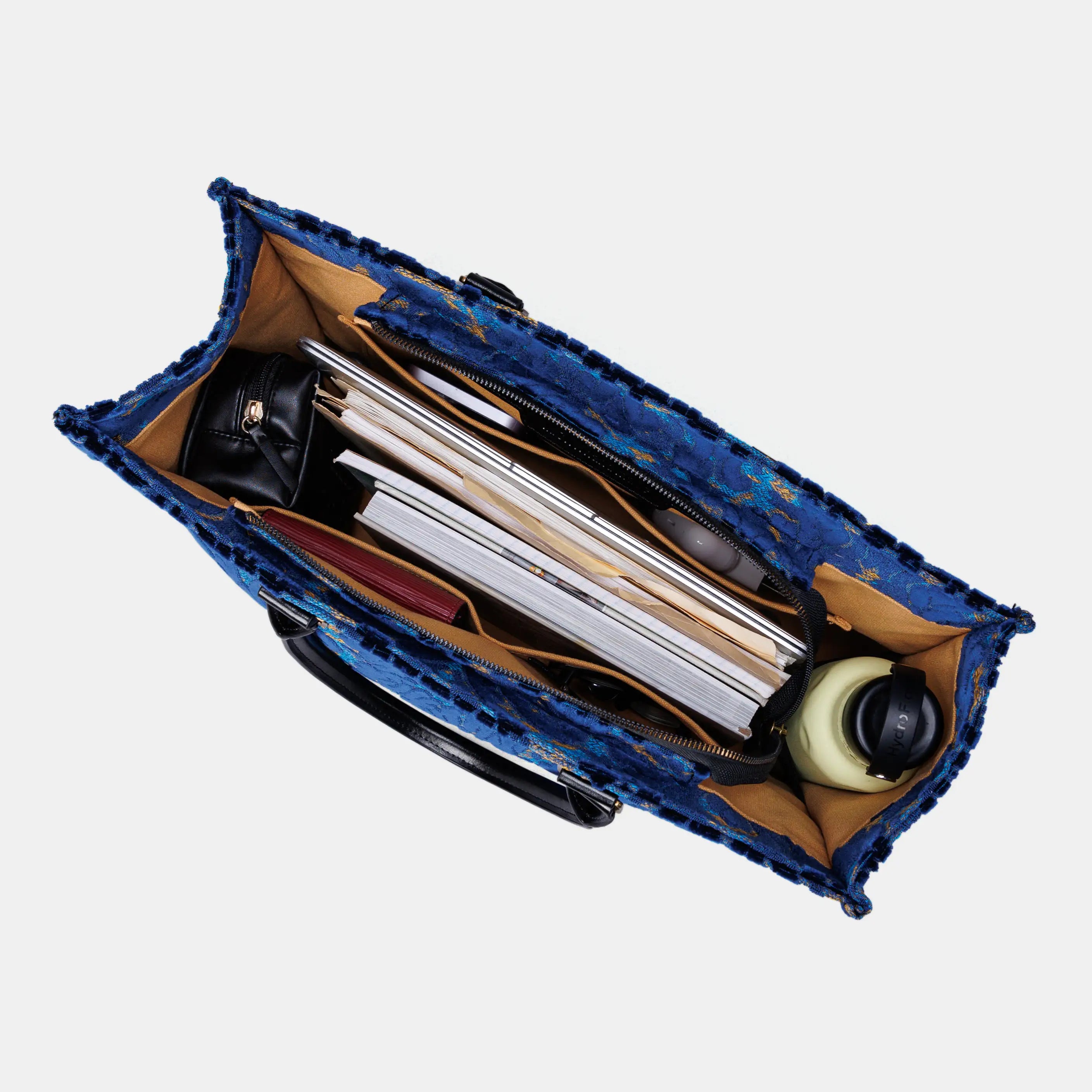Burnout Velvet Navy Laptop Work Tote of America in use