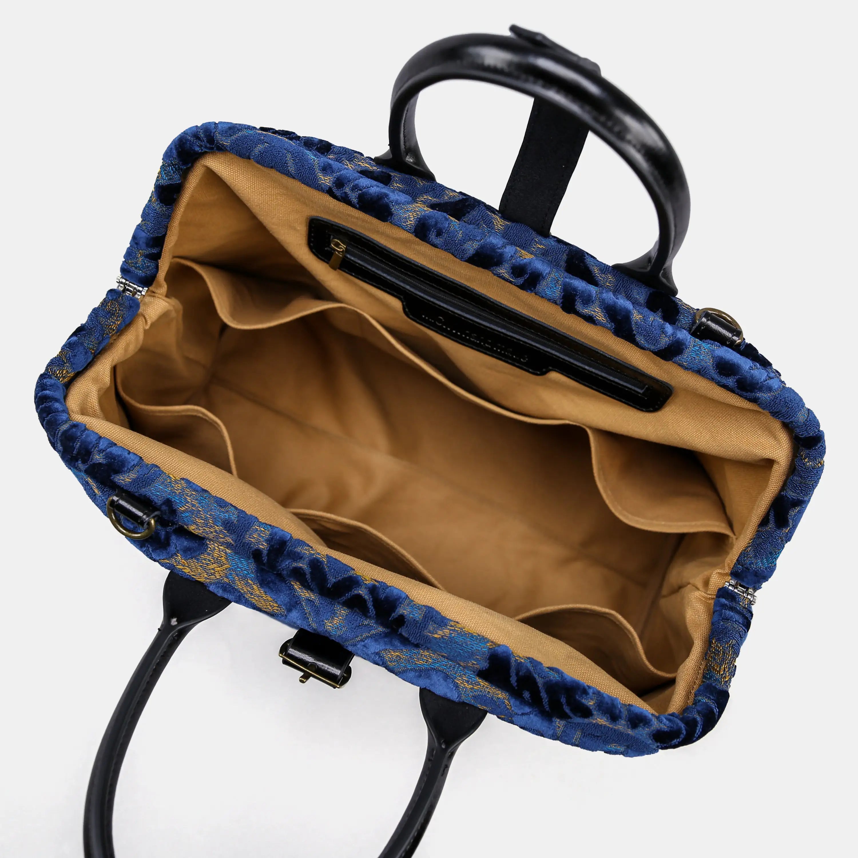 Burnout Velvet Navy Mary Poppins Weekender Carpetbag of America open