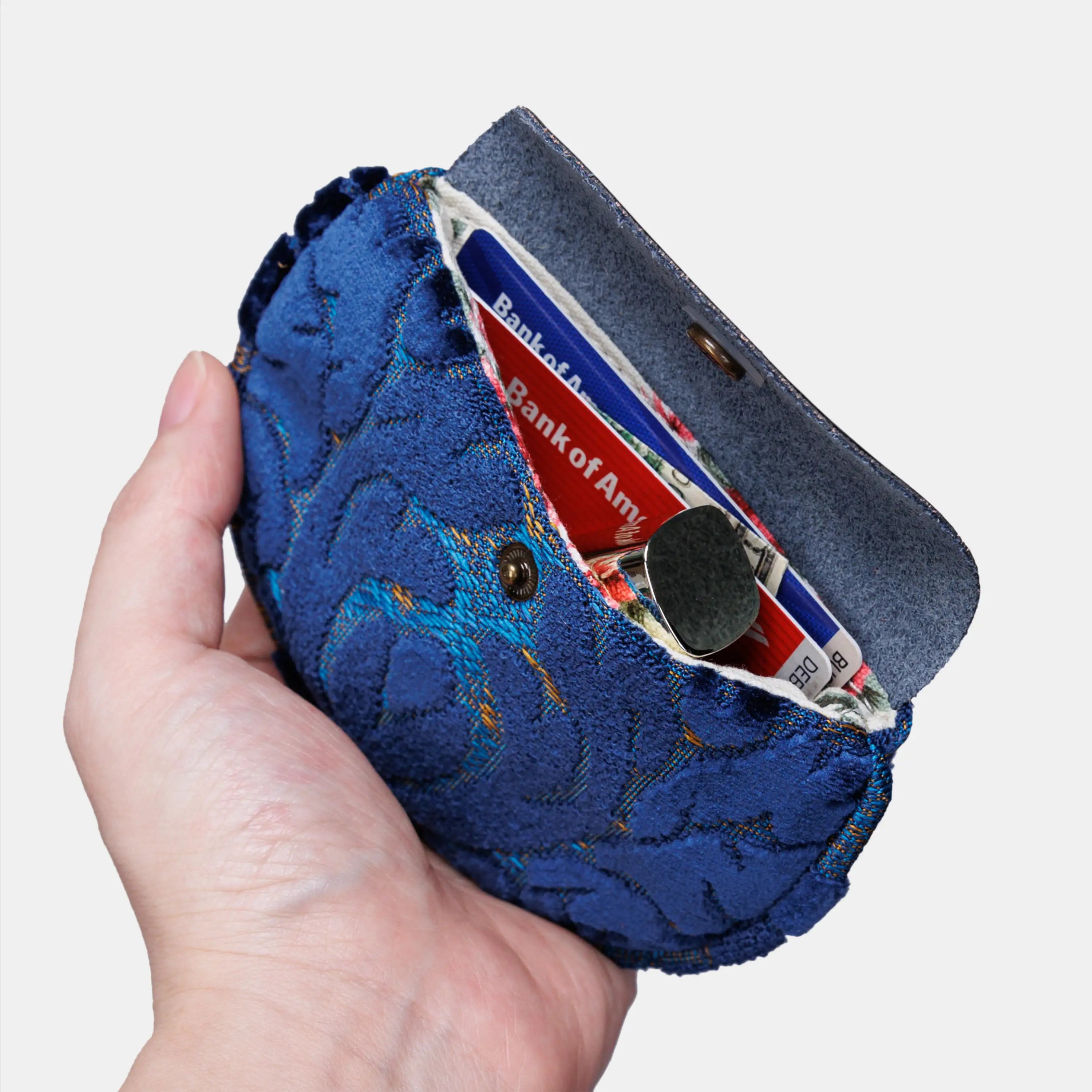 Burnout Velvet Navy Flap Coin Purse of America in use-1