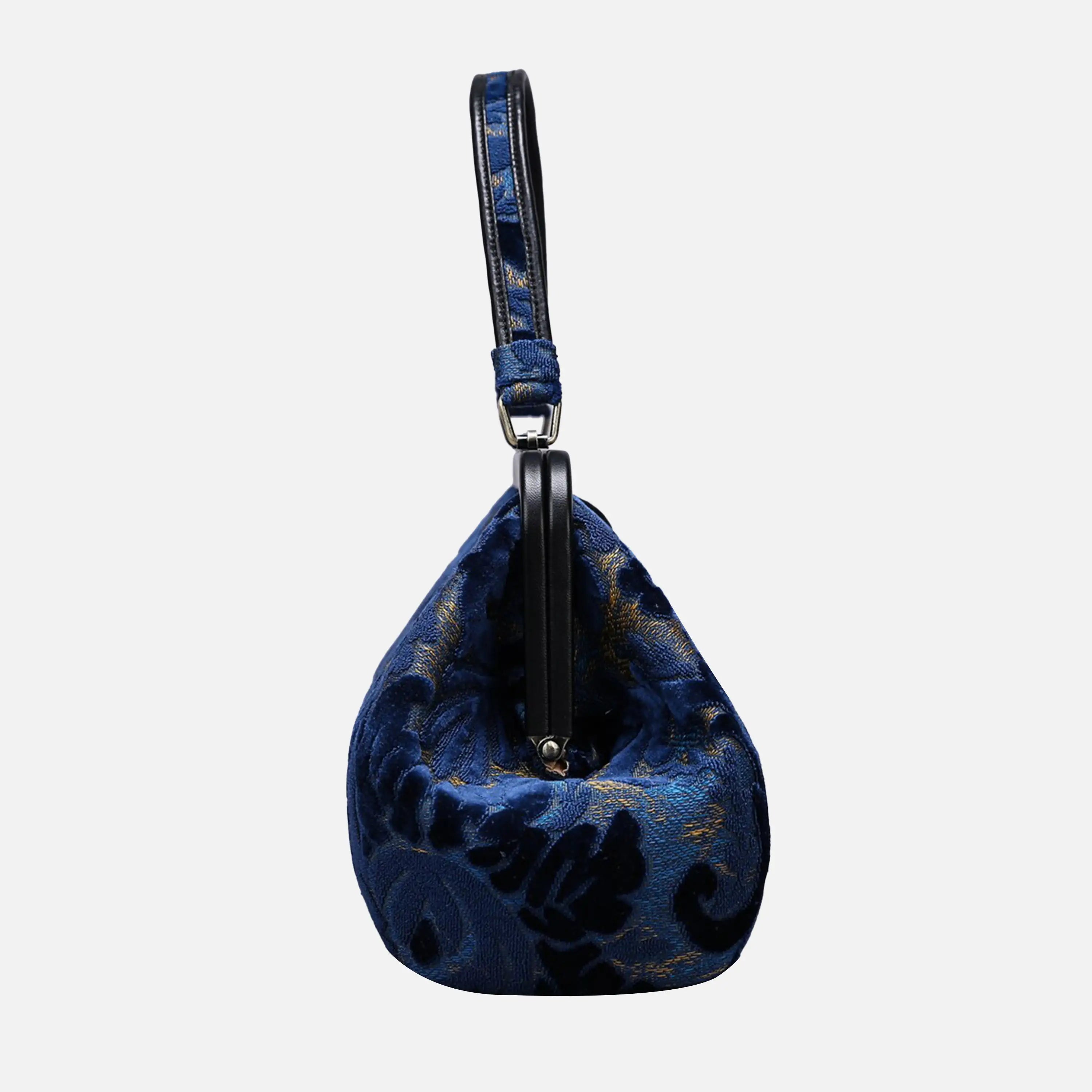 Burnout Velvet Navy Top Handle Purse carpet bag of America side