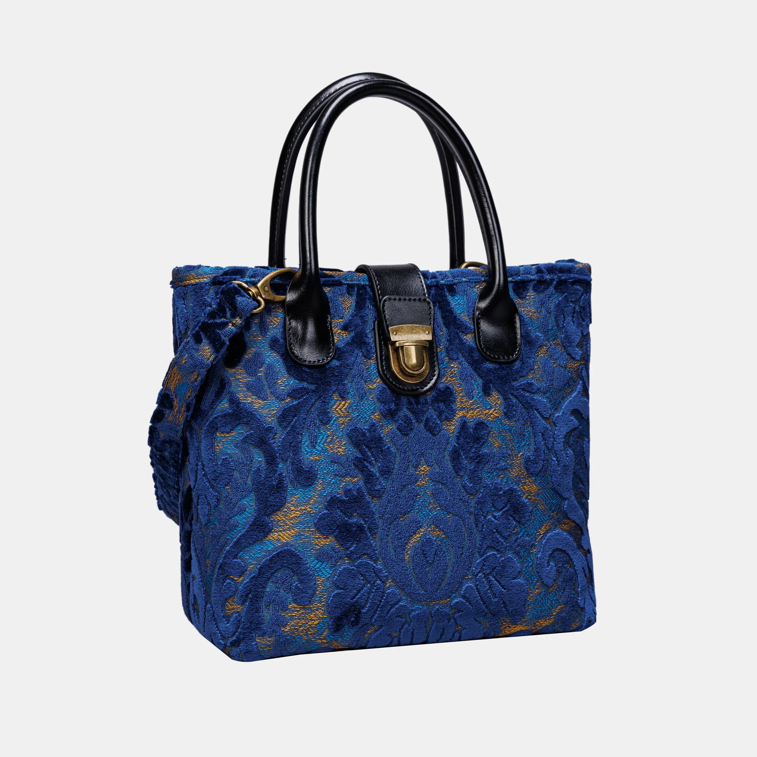 Burnout Velvet Navy Tuck Lock Carpet Satchel carpet bag MCW Handmade of America front
