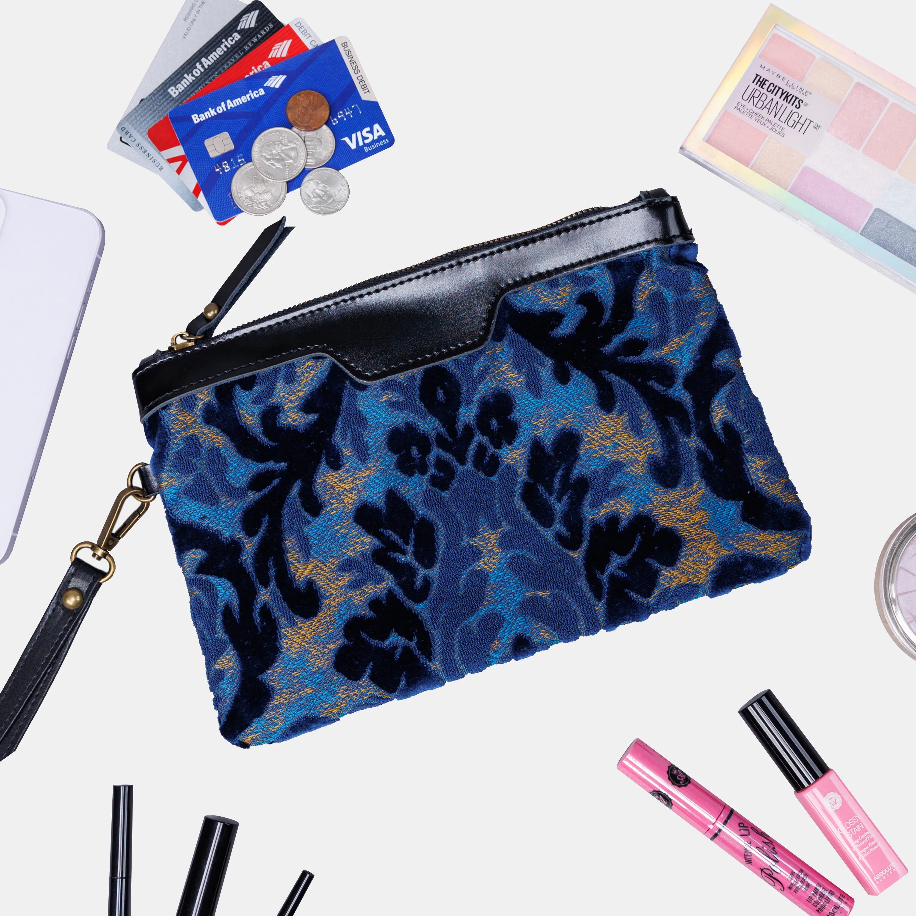Burnout Velvet Navy Wristlet Clutch carpet bag MCW Handmade capacity