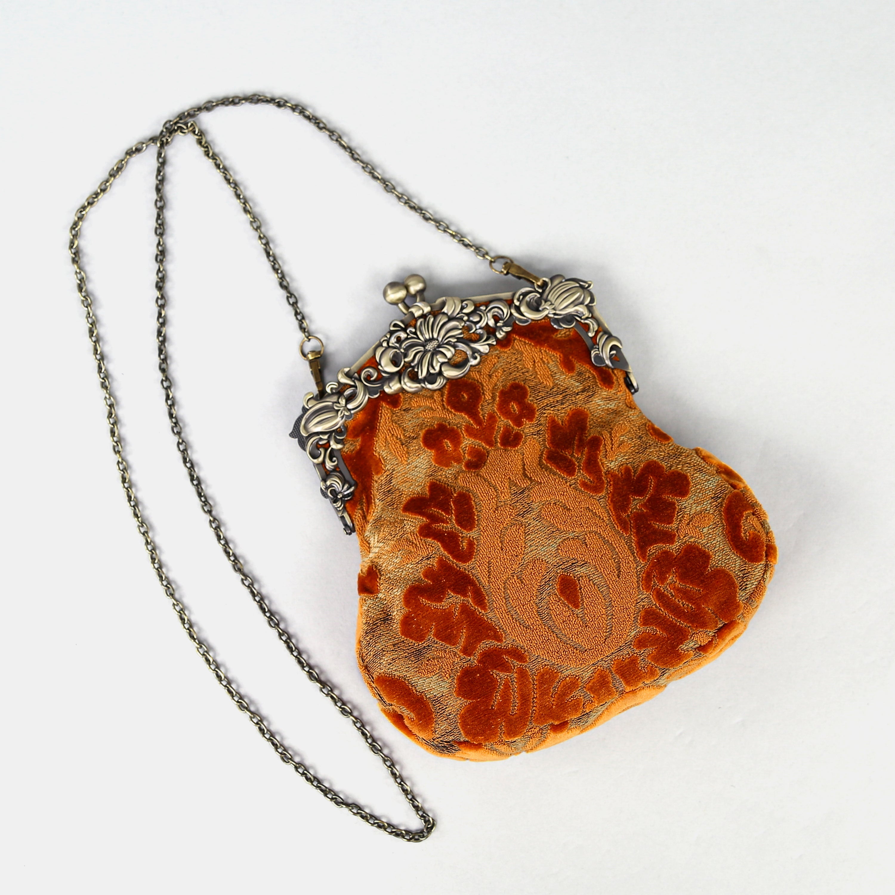 Burnout Velvet Orange Chatelaine Purse Large carpet bag of America with long chain