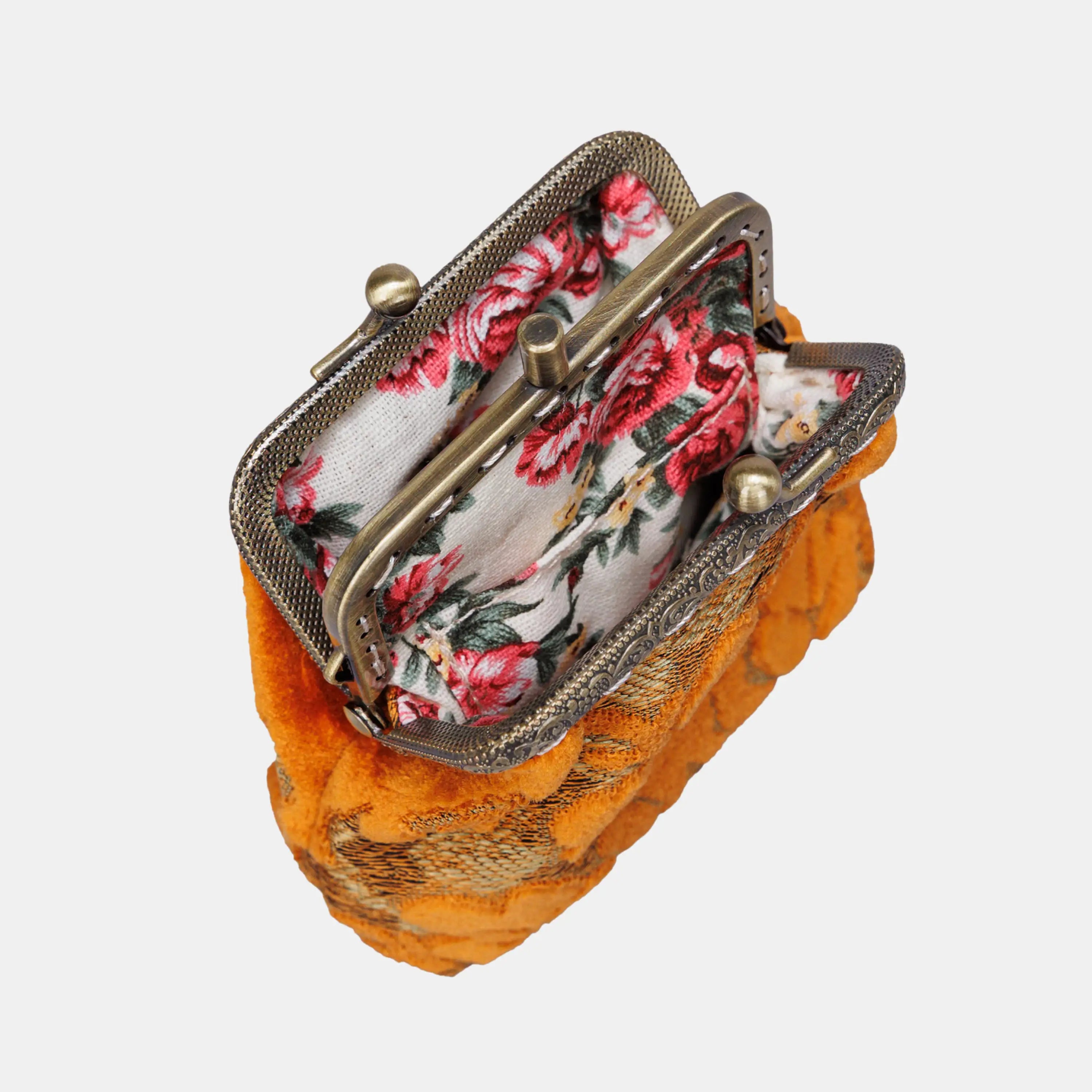 Burnout Velvet Orange Double Kiss Clasp Coin Purse of America openning-3