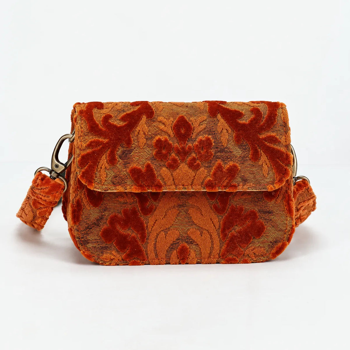 Burnout Velvet Orange Flap Crossbody Bag carpet bag of America main