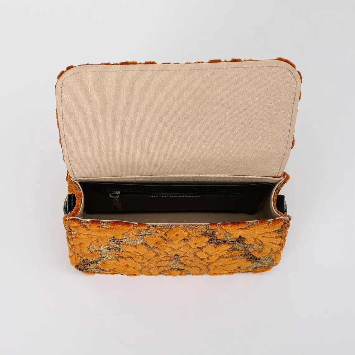 Burnout Velvet Orange Flap Crossbody Bag carpet bag of America inside