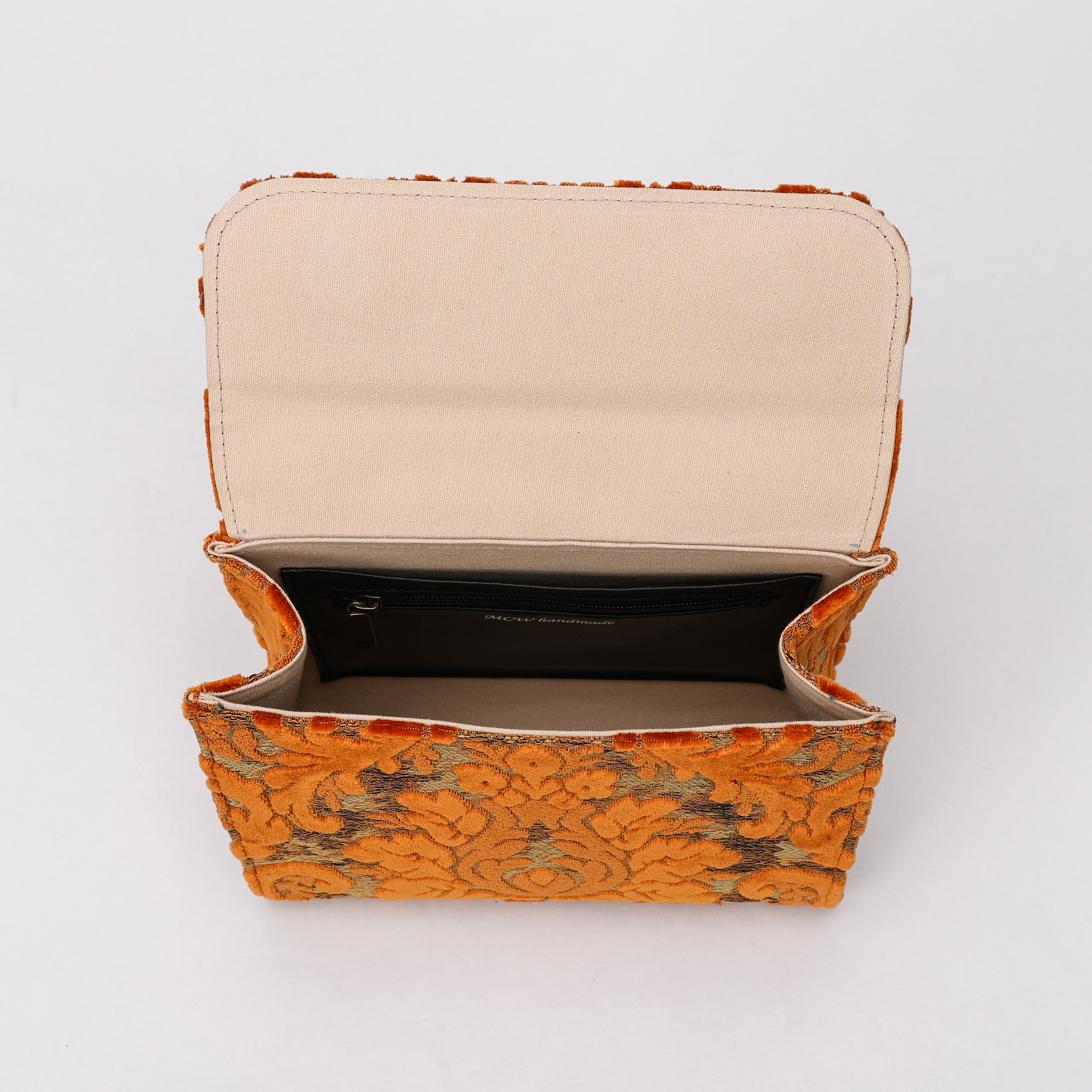 Burnout Velvet Orange Flap Satchel Carpetbag of America inside