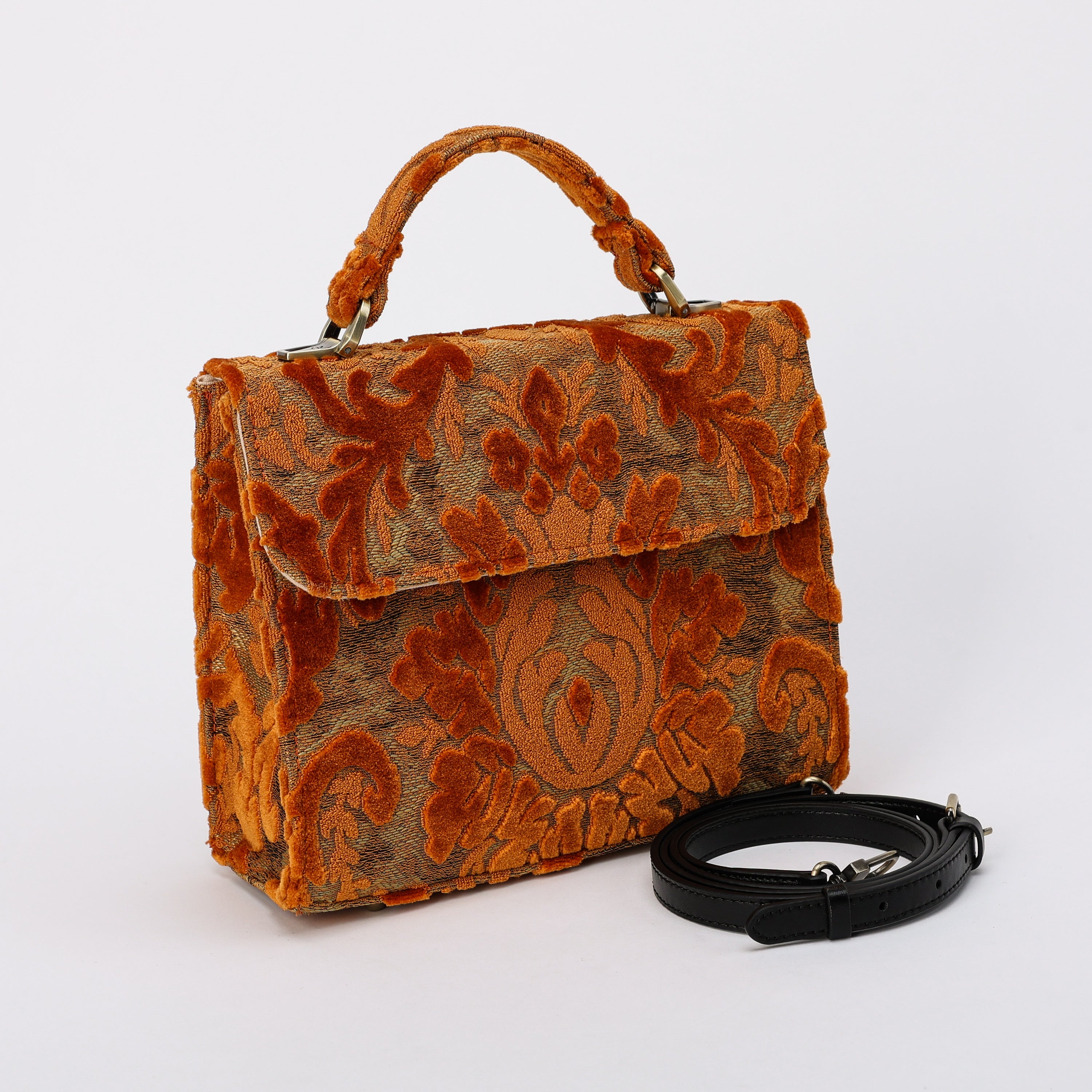 Burnout Velvet Orange Flap Satchel Carpetbag of America front side
