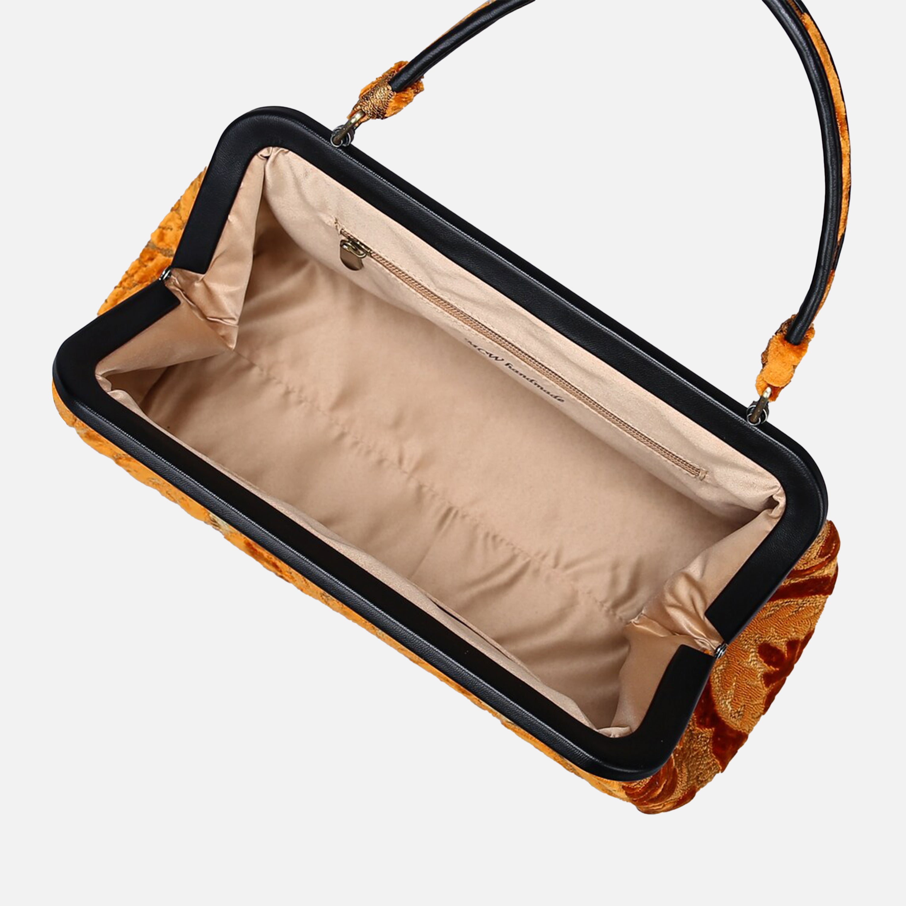 Burnout Velvet Orange Top Handle Purse carpet bag of America inside