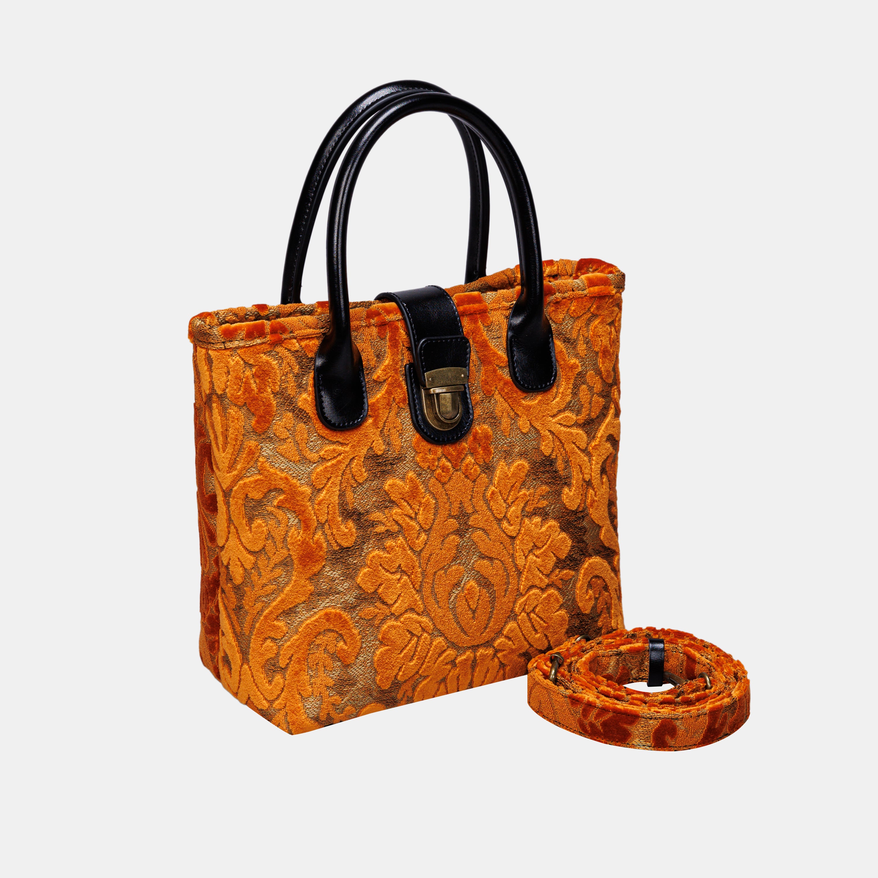 Burnout Velvet Orange Tuck Lock Carpet Satchel carpet bag MCW Handmade of America with strap
