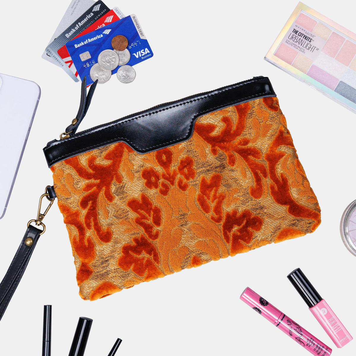 Burnout Velvet Orange Wristlet Clutch carpet bag MCW Handmade capacity