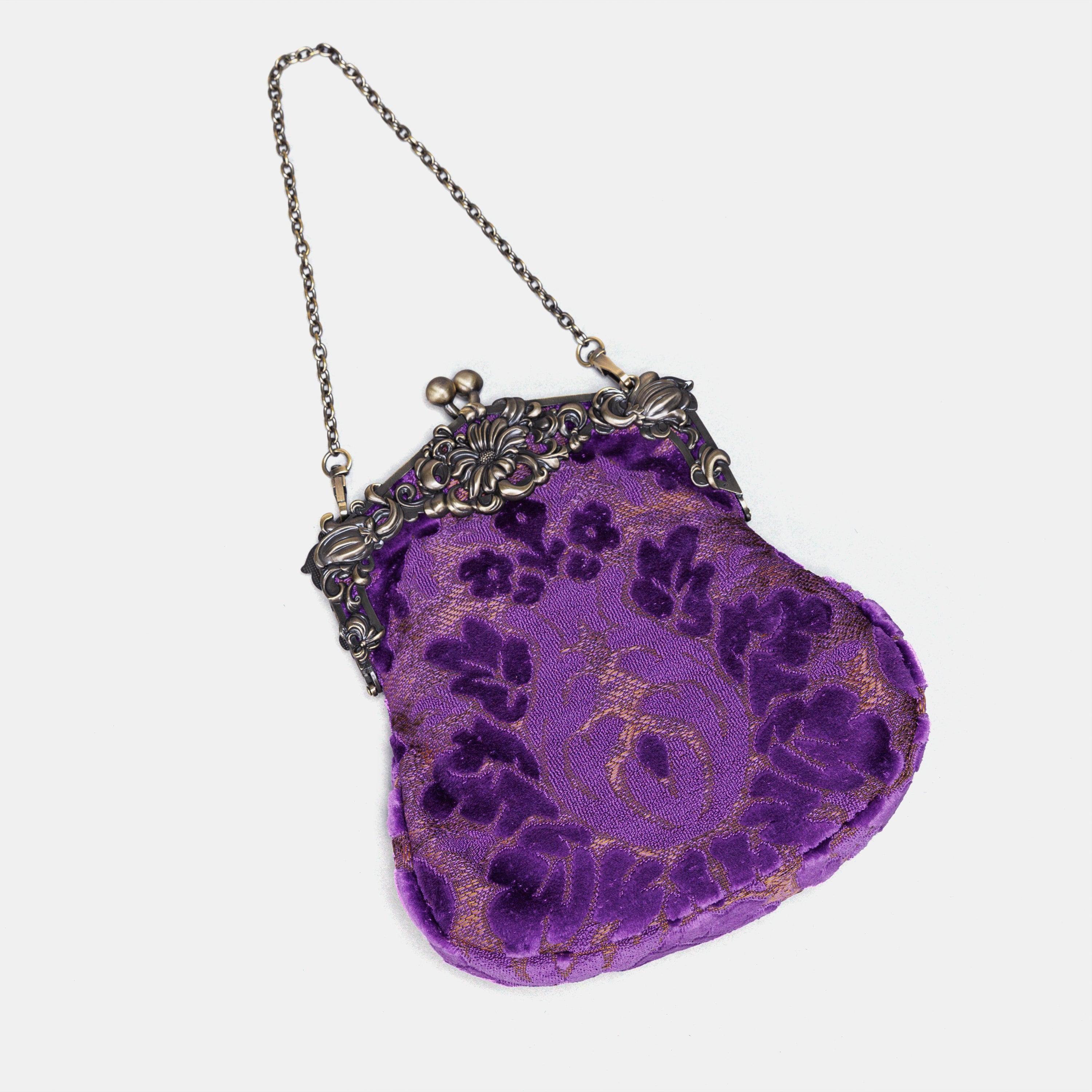 Burnout Velvet Purple Chatelaine Purse Large carpet bag of America lay flat