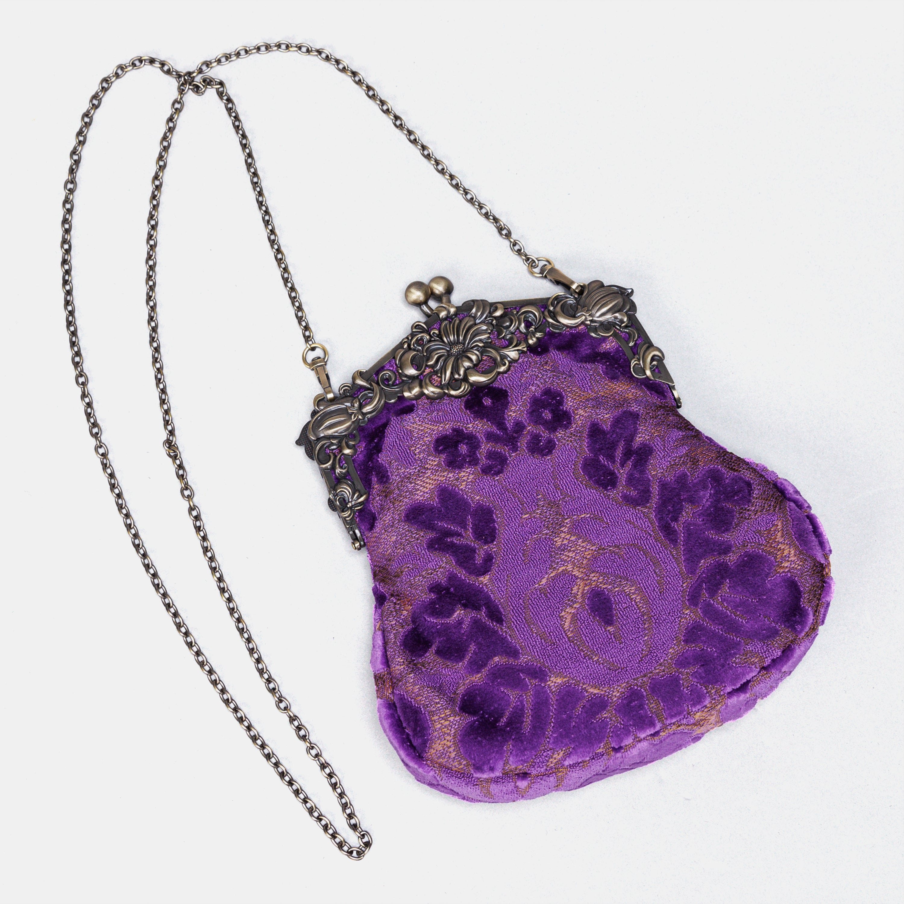 Burnout Velvet Purple Chatelaine Purse Large carpet bag of America with long chain