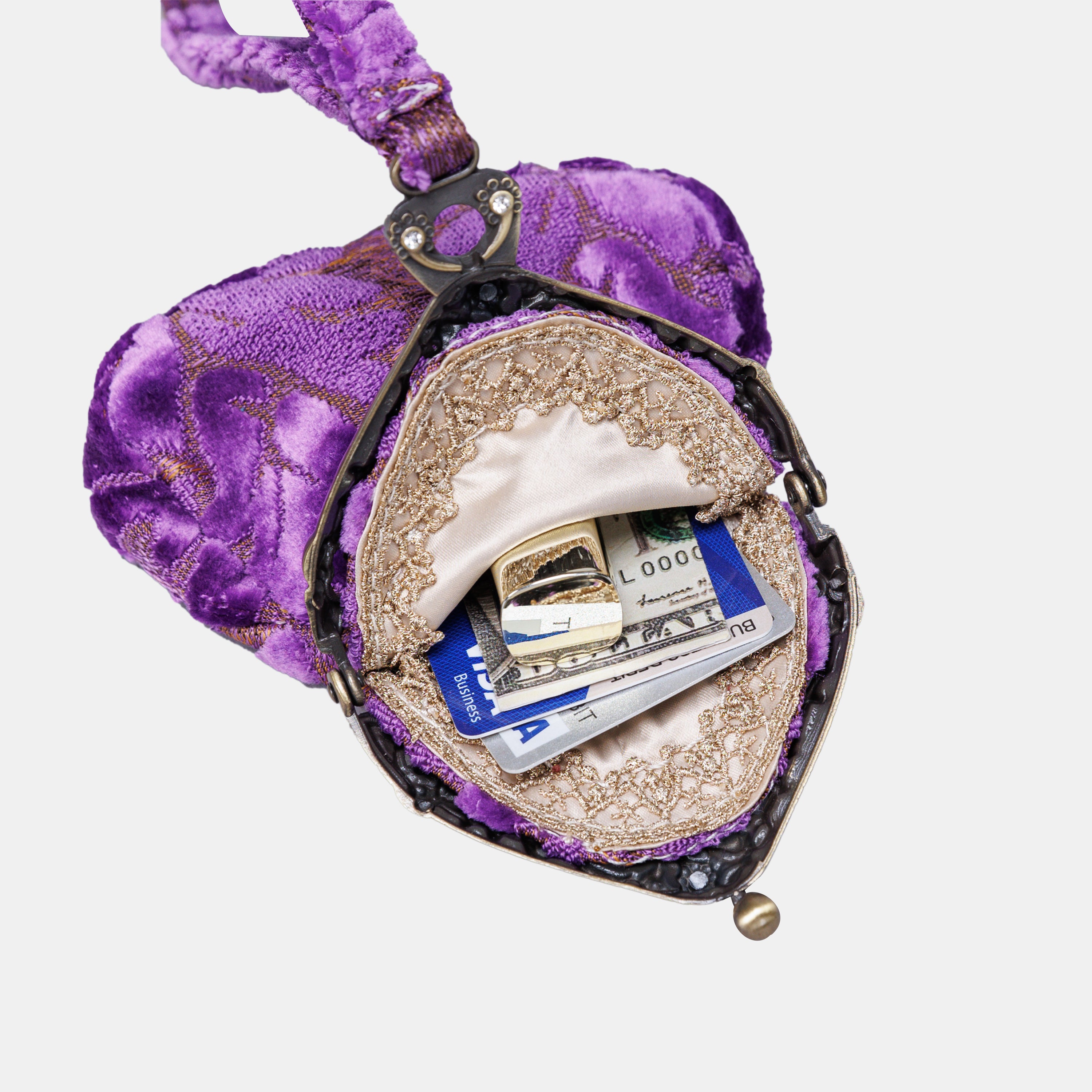 Burnout Velvet Purple Chatelaine Purse Wristlet Bag carpet bag of America in use