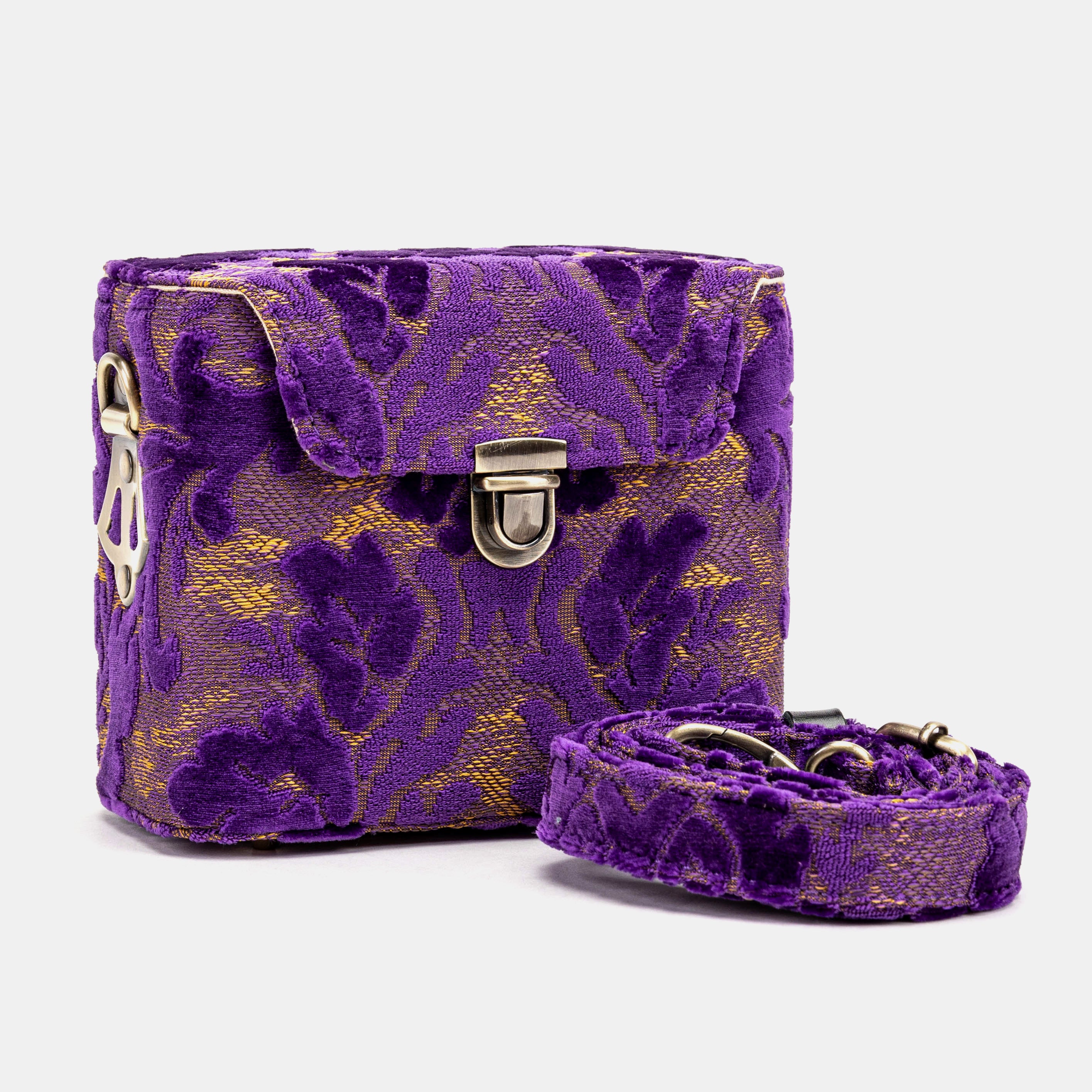 Burnout Velvet Purple Emma Small Train Case Crossbody of America with shoulder strap