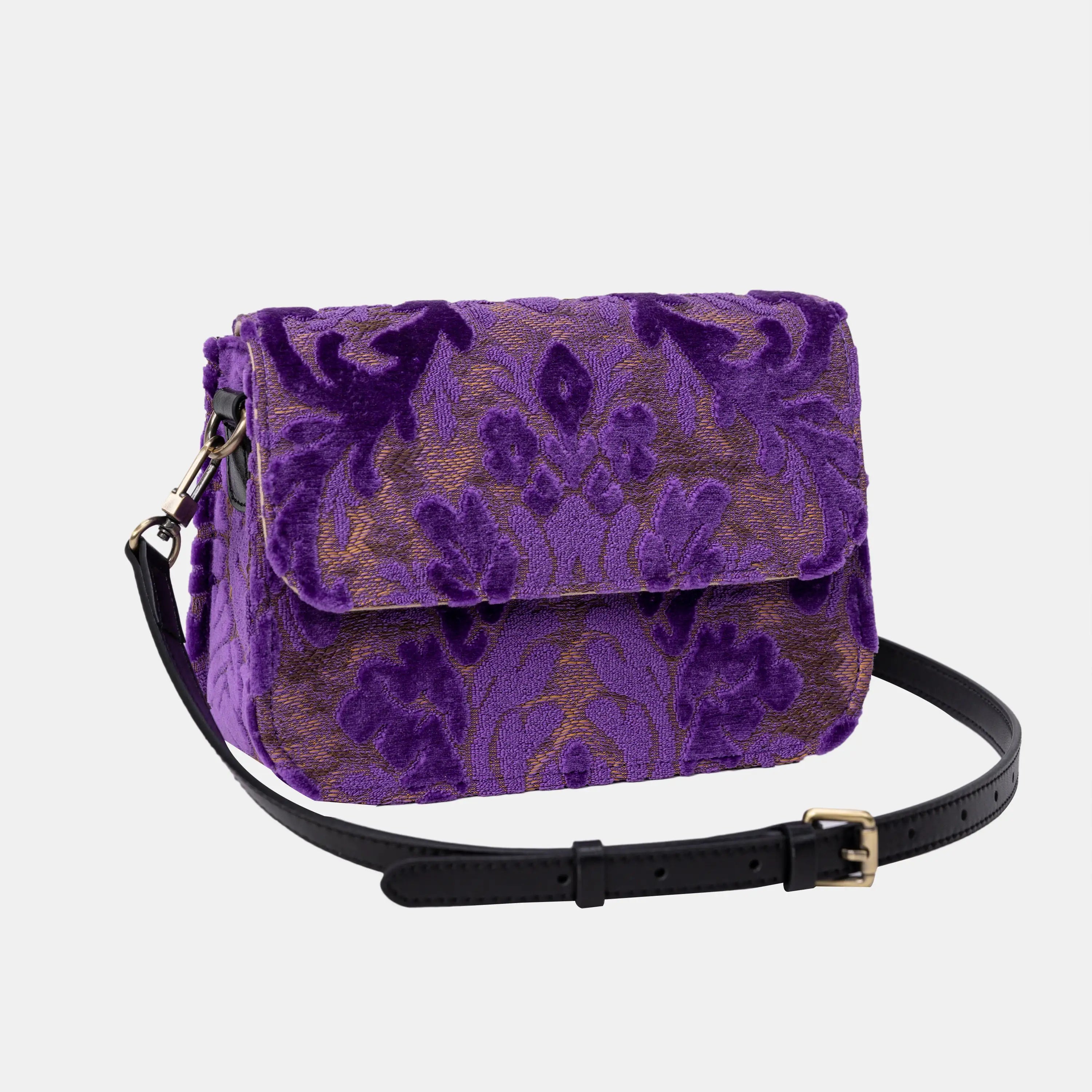 Burnout Velvet Purple Flap Crossbody Bag carpet bag of America with shoulder strap