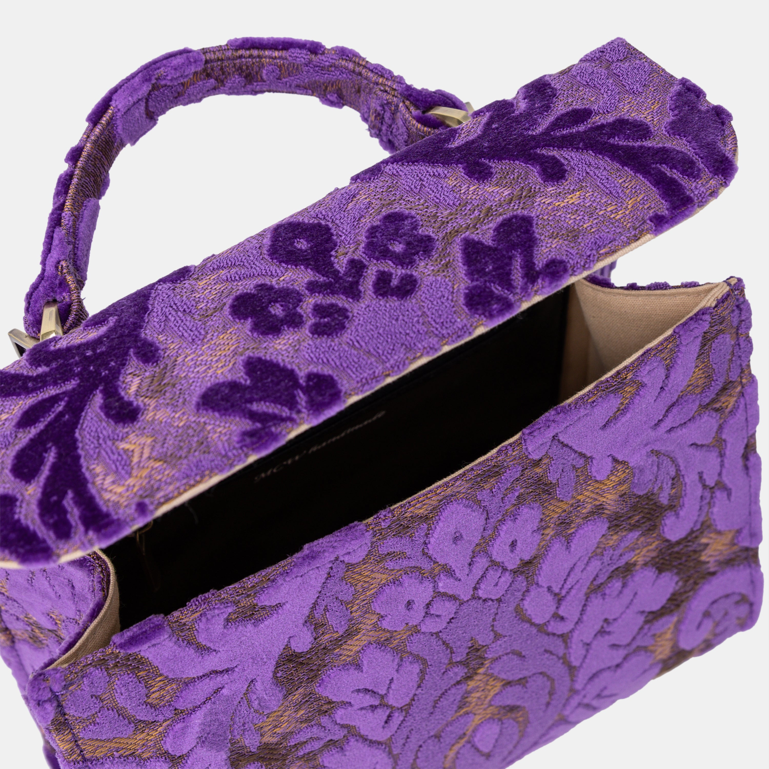 Burnout Velvet Purple Flap Satchel Carpetbag of America opening