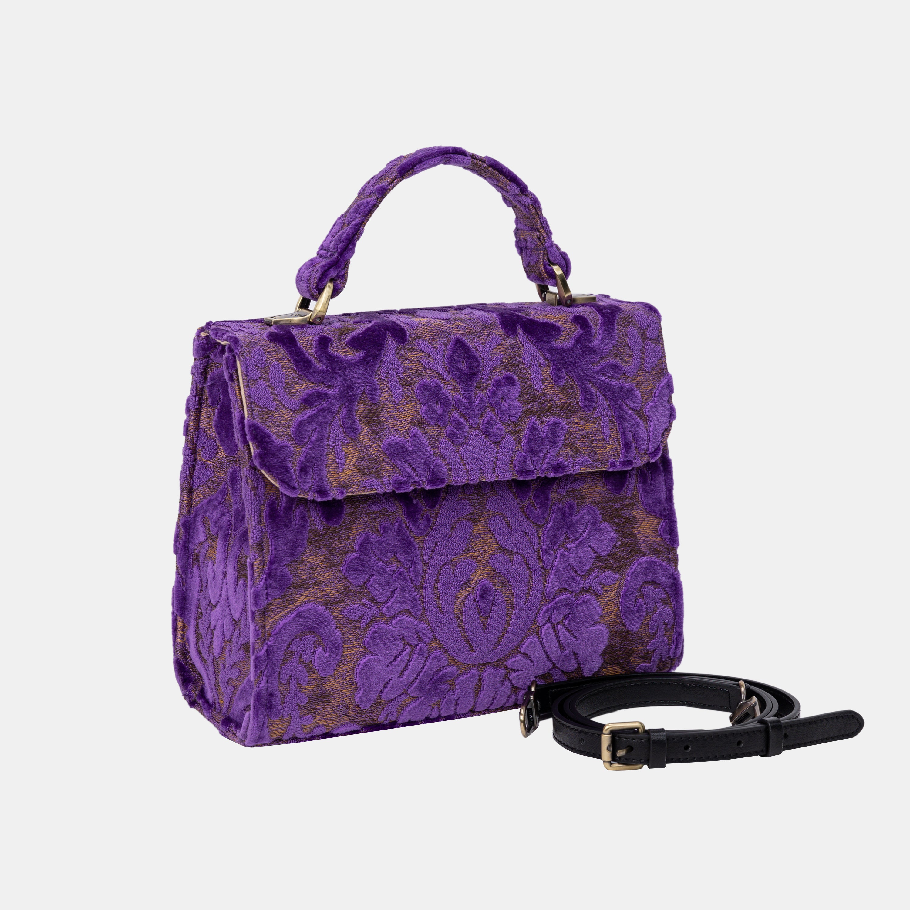 Burnout Velvet Purple Flap Satchel Carpetbag of America front side