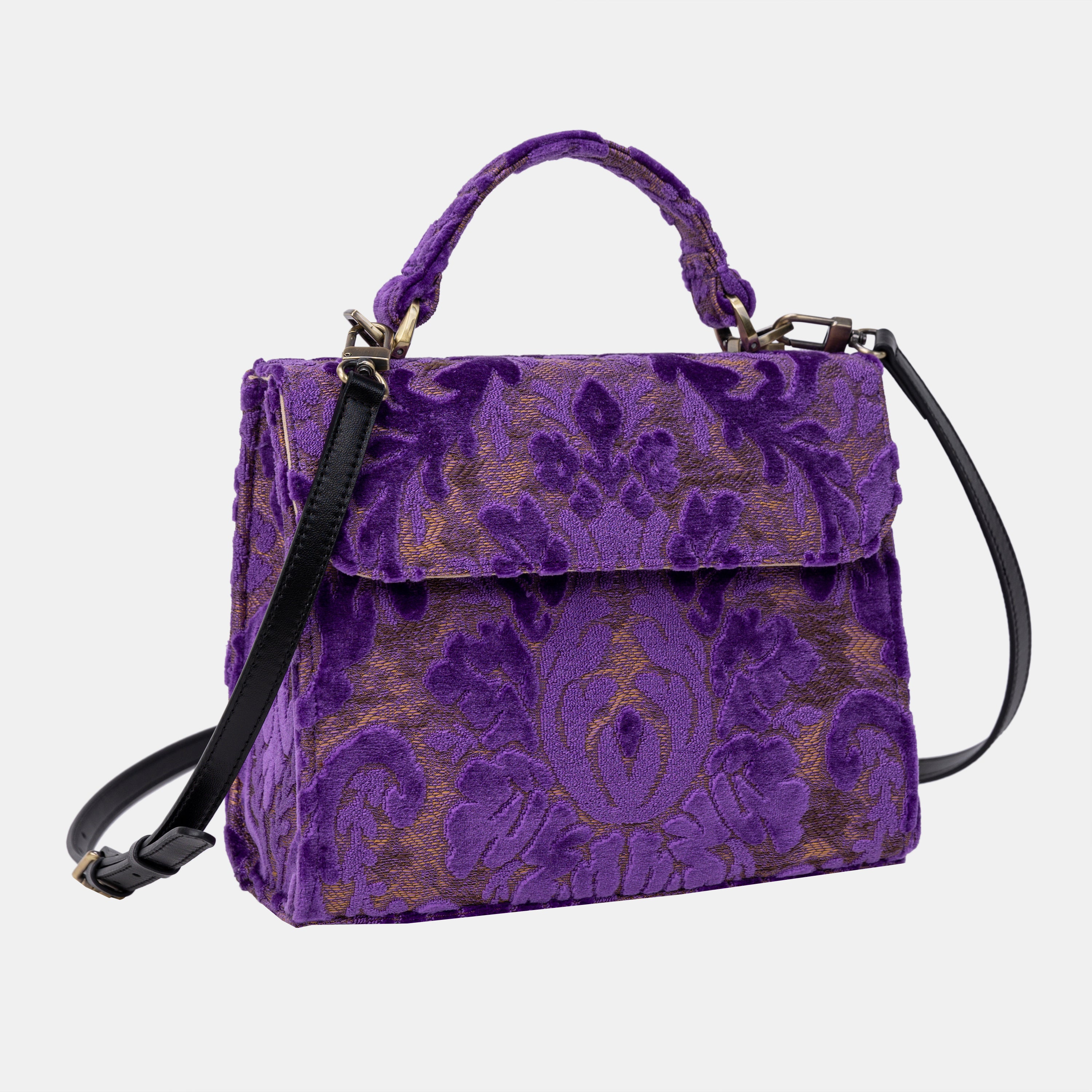 Burnout Velvet Purple Flap Satchel Carpetbag of America with shoulder strap