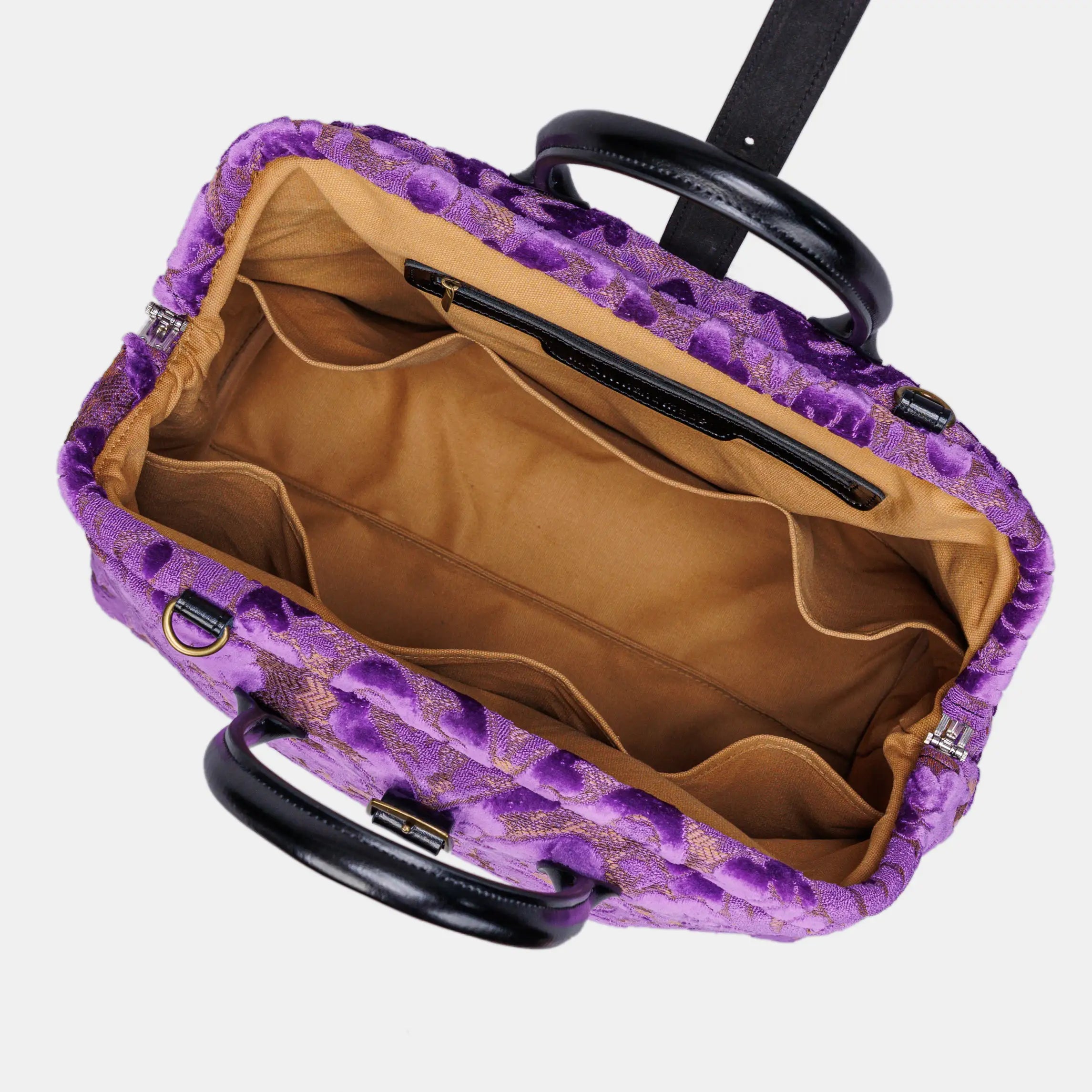 Burnout Velvet Purple Mary Poppins Weekender Carpetbag of America open