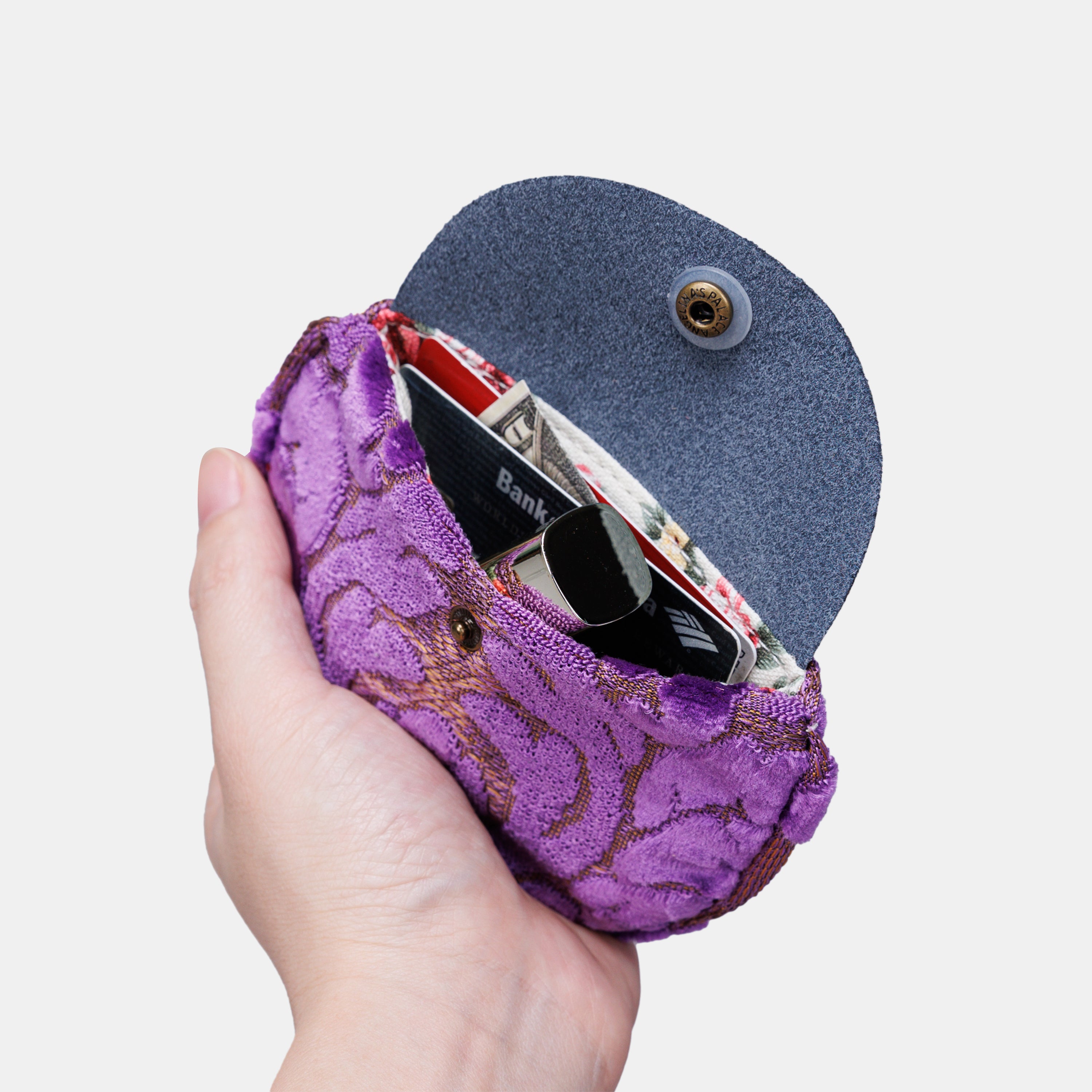 Burnout Velvet Purple Flap Coin Purse of America in use-1