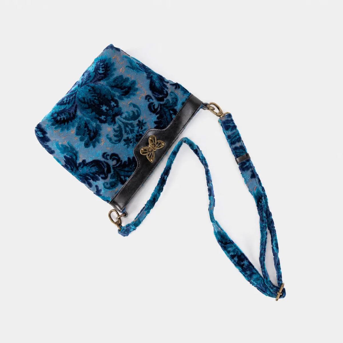 Burnout Velvet Revival Aqua Butterfly Crossbody Bag of America lay flat