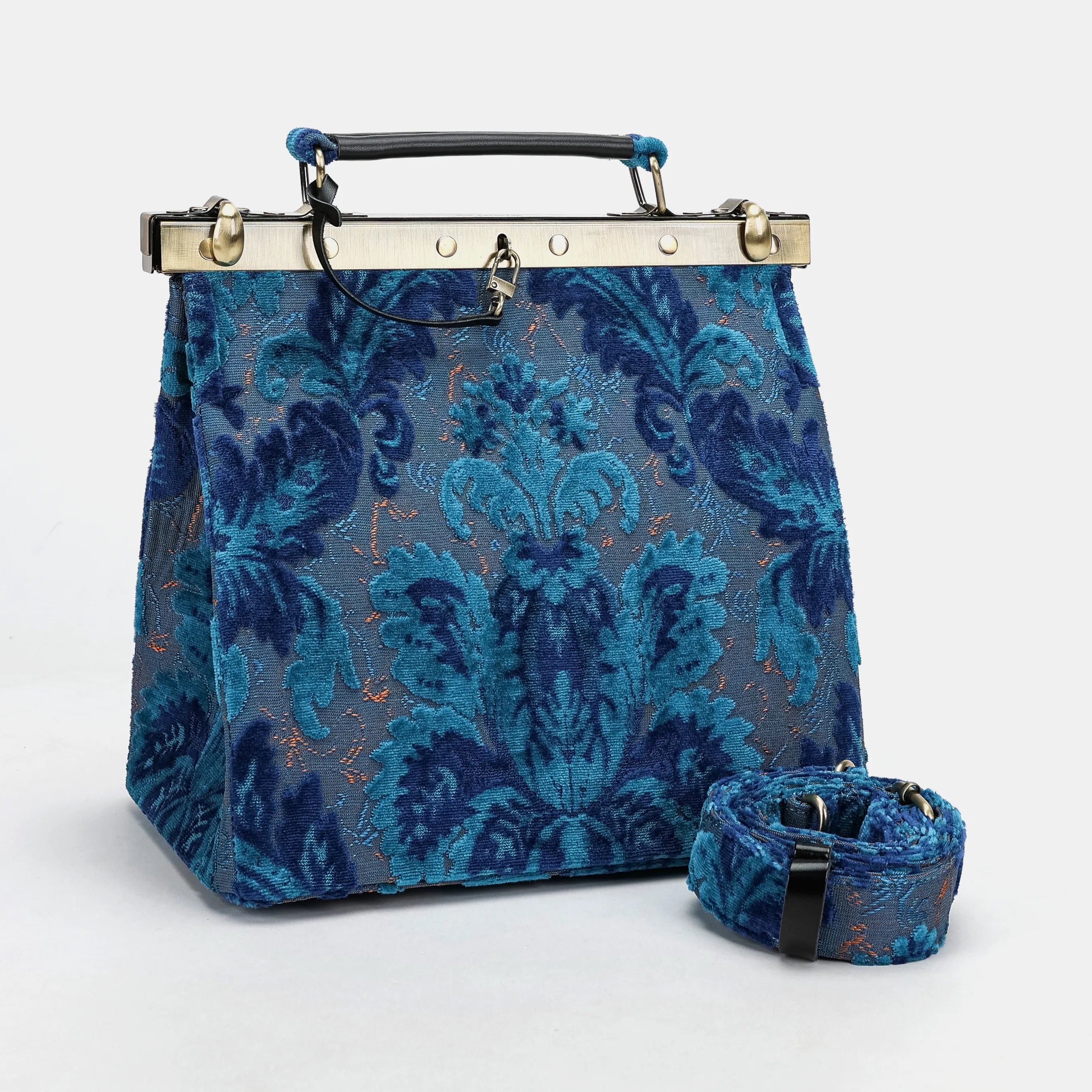 Burnout velvet Revival Aqua Cecile Carpet Purse Gladstone Bag of America with shoulder strap
