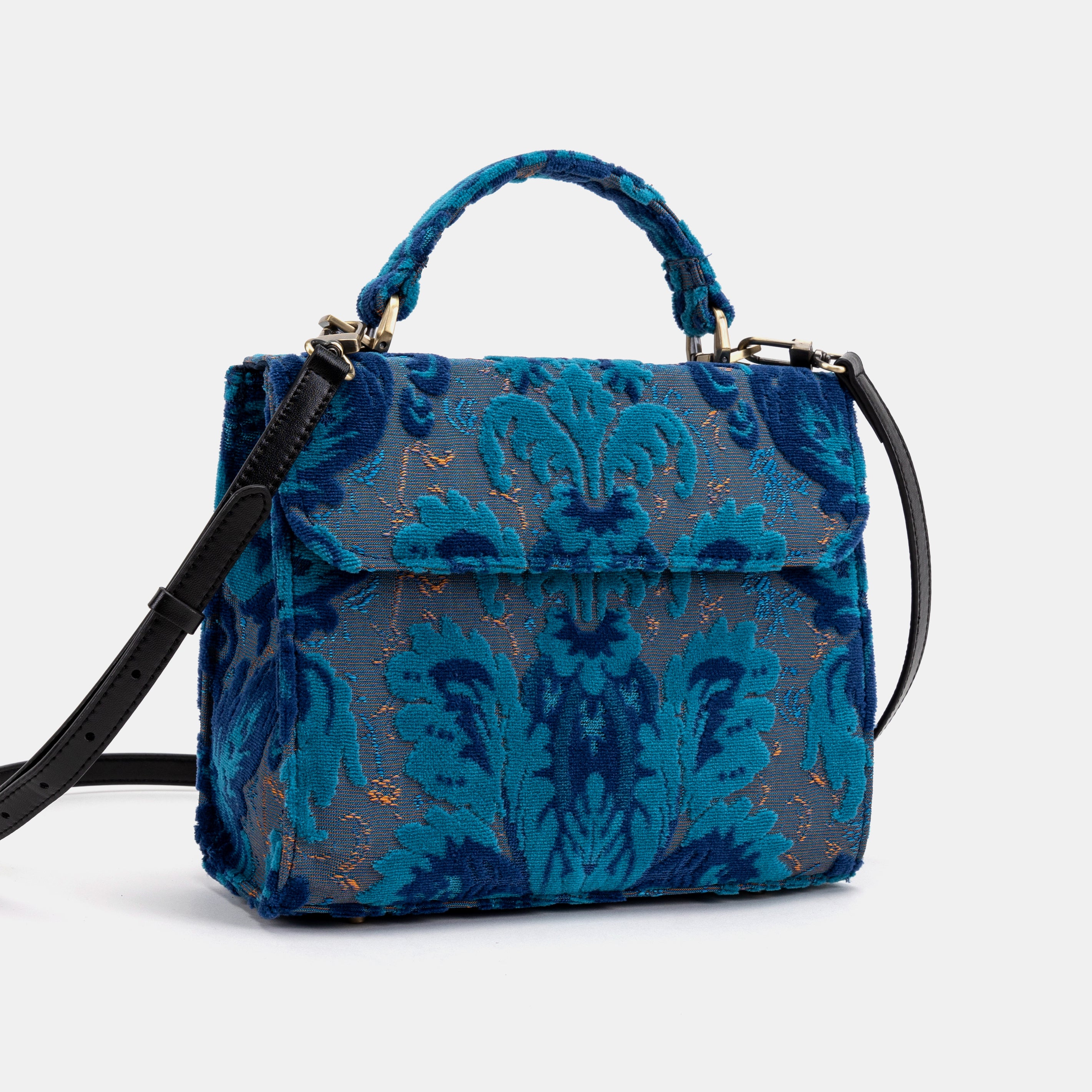 Burnout Velvet Revival Aqua Flap Satchel Carpetbag of America with straps